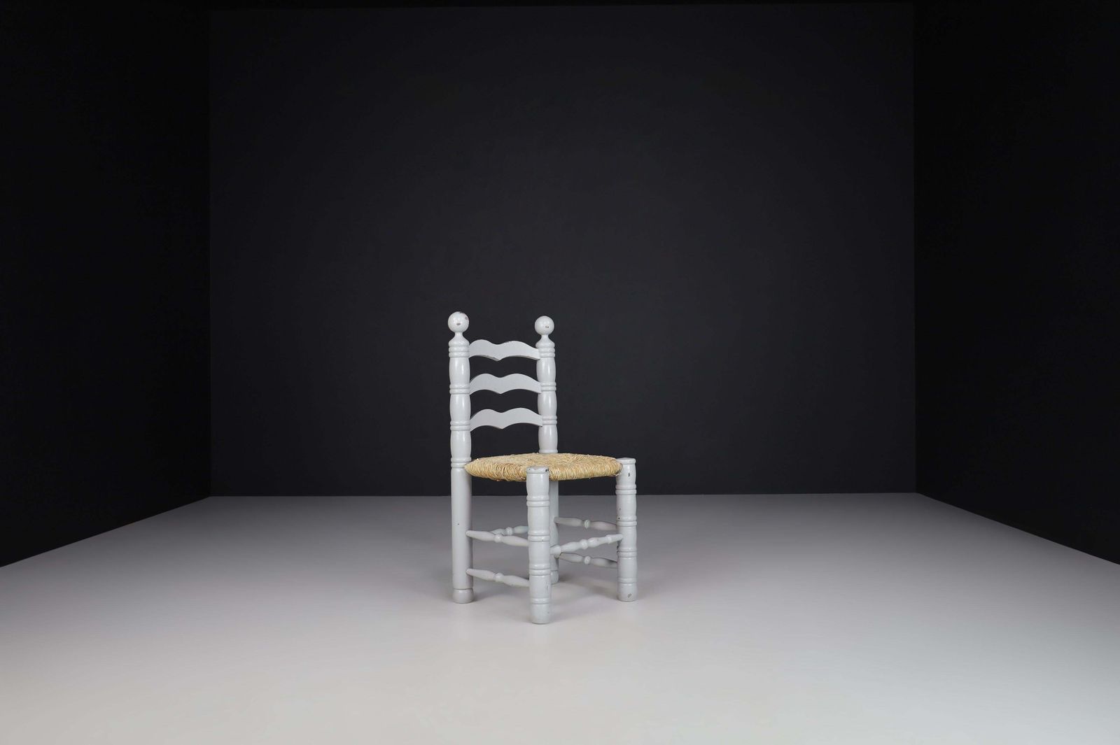 Set Of 12 Painted Oak And Rush Turned Chairs By Charles Dudouyt, France 1940 photo for sale