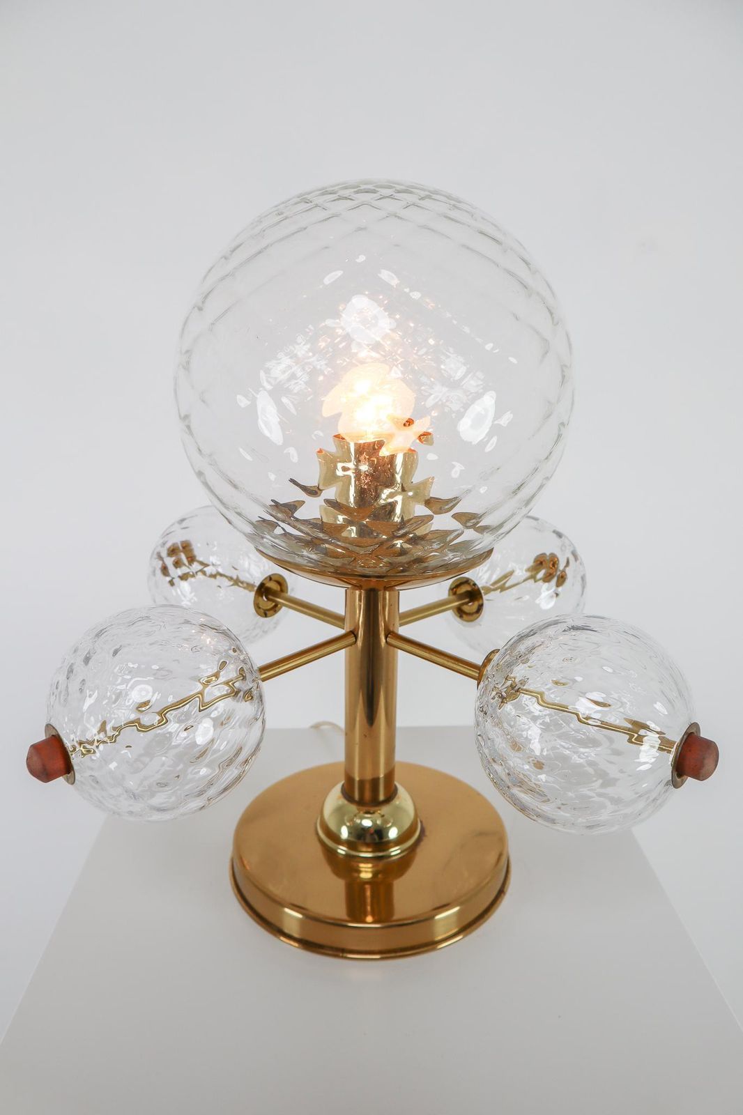 Midcentury Table Lamp With Brass Fixture And Structured Glass, Europe, 1970s photo vinterior