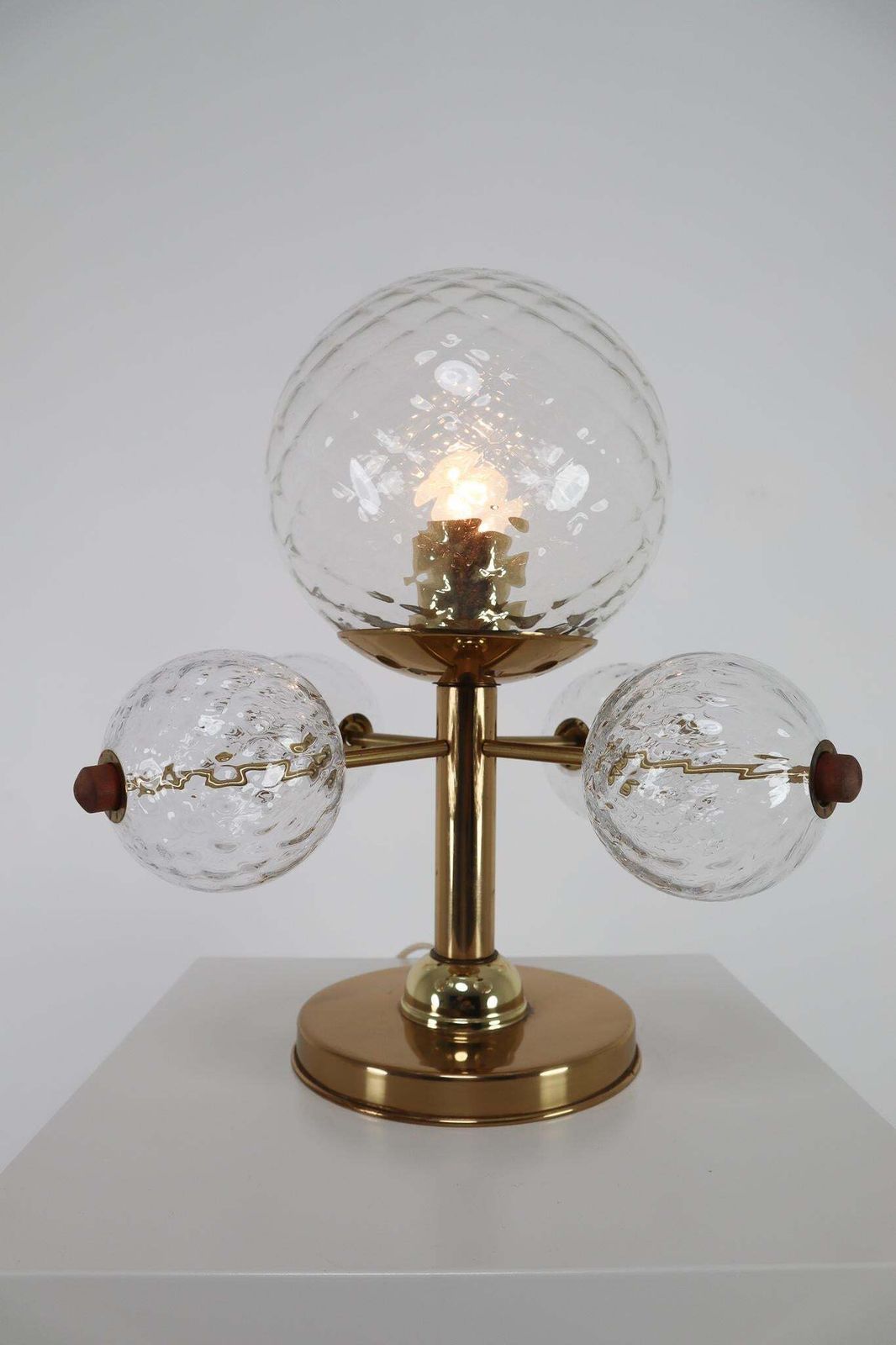 Midcentury Table Lamp With Brass Fixture And Structured Glass, Europe, 1970s photo vintage