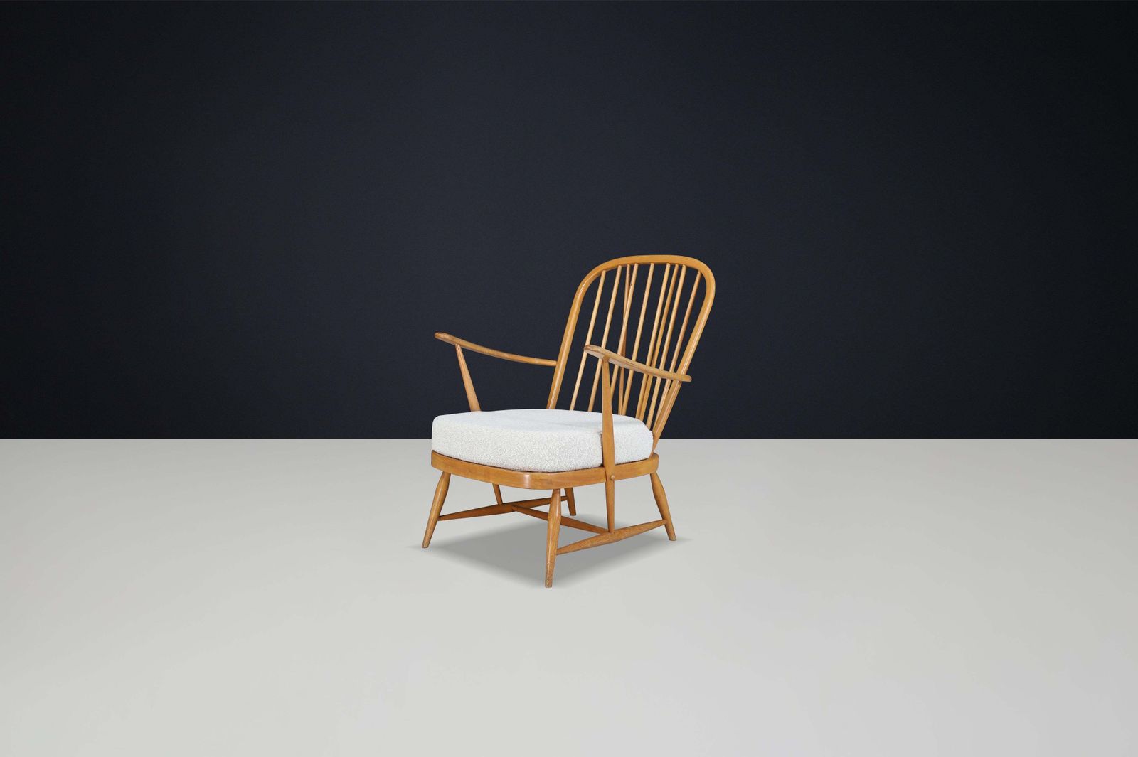 1960s Ercol Windsor Lounge Chair In Blonde Beech & Elm With New Bouclé Fabric photo furniture