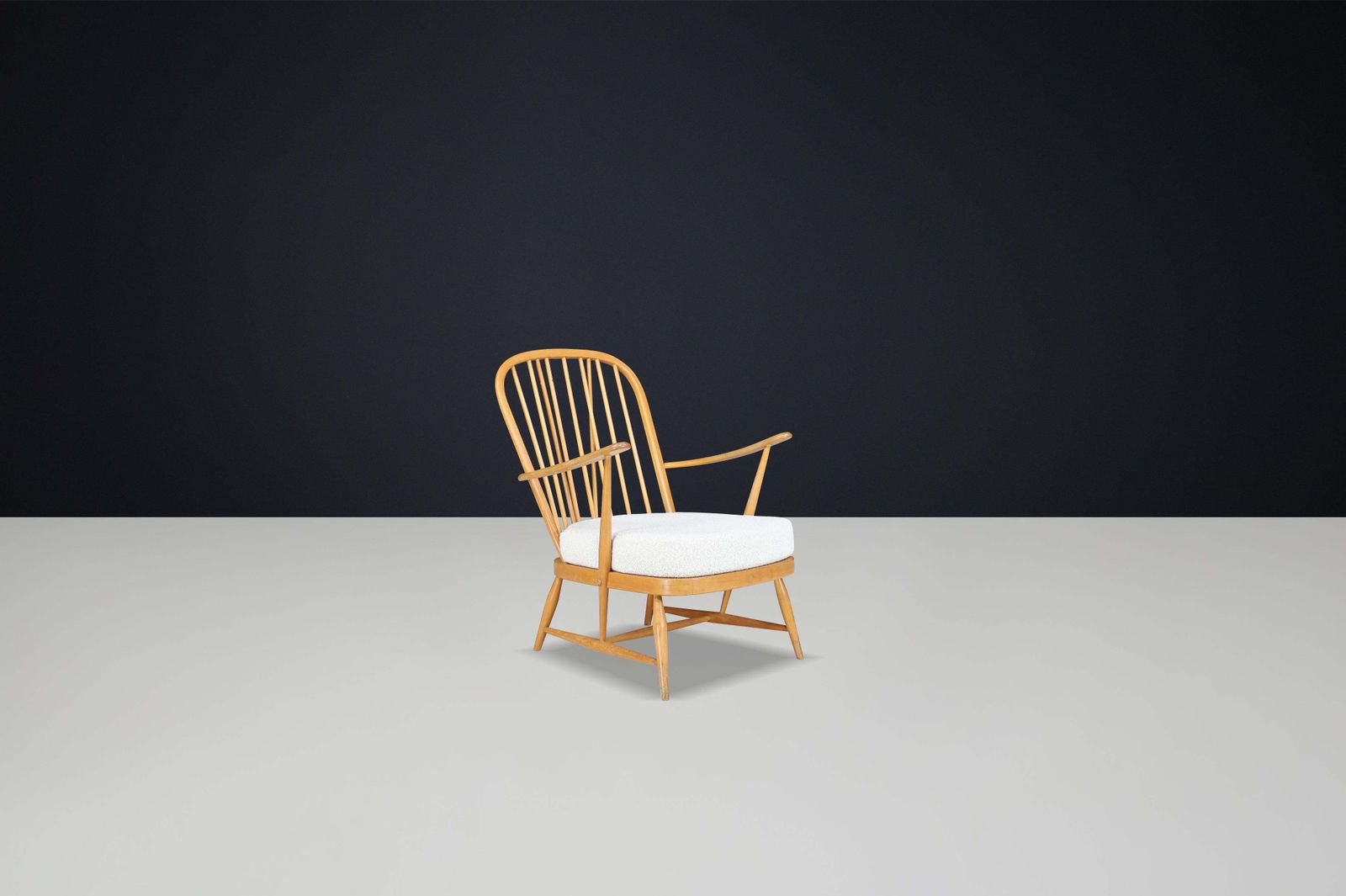 1960s Ercol Windsor Lounge Chair In Blonde Beech & Elm With New Bouclé Fabric photo for sale
