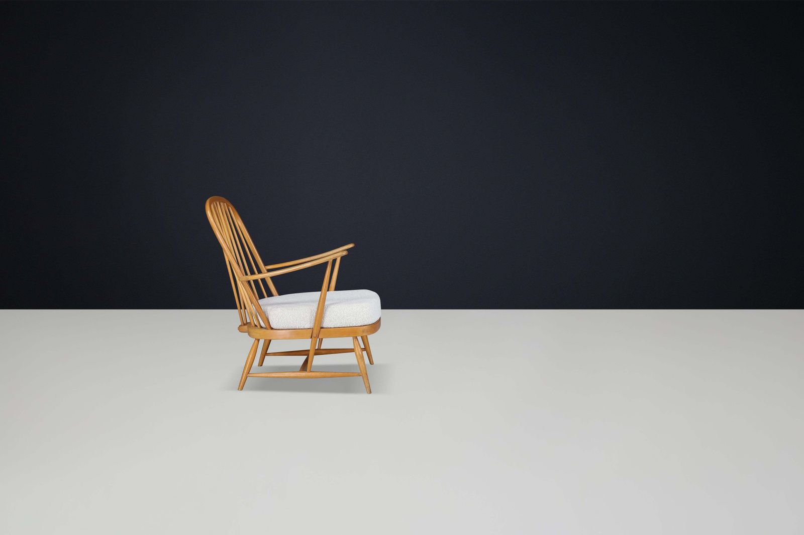 1960s Ercol Windsor Lounge Chair In Blonde Beech & Elm With New Bouclé Fabric photo vinterior