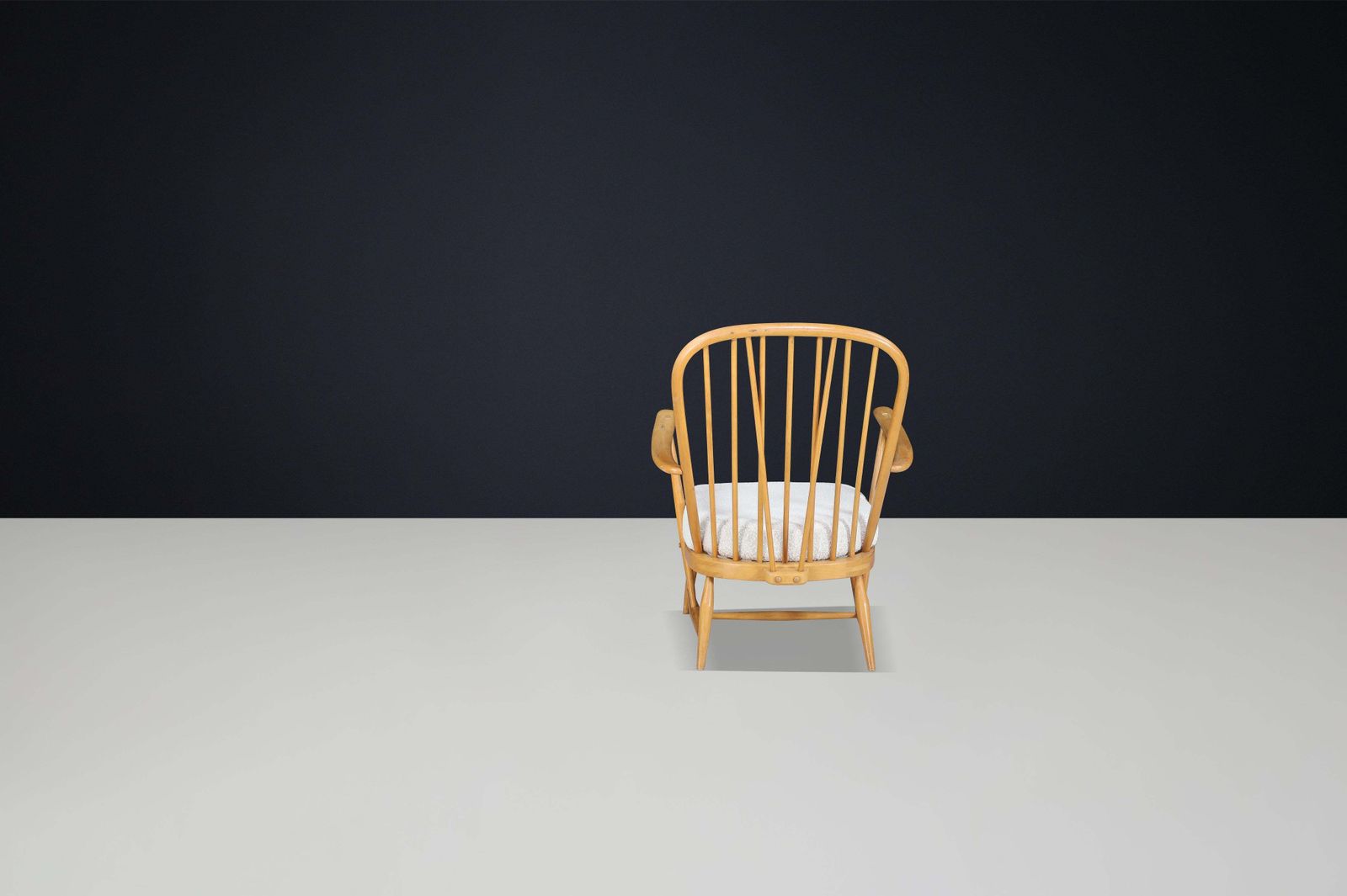1960s Ercol Windsor Lounge Chair In Blonde Beech & Elm With New Bouclé Fabric photo buy