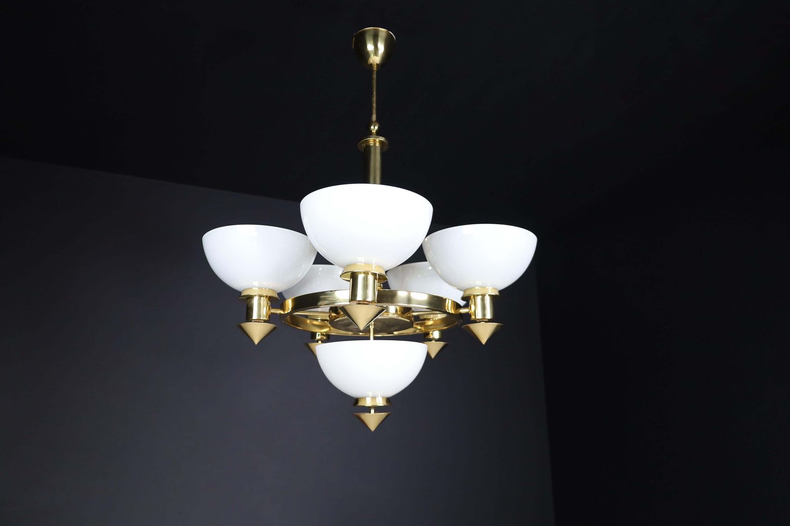 Sculptural Italian Chandelier In Brass & White Opaline Glass, 1970s 12 Available photo Lighting