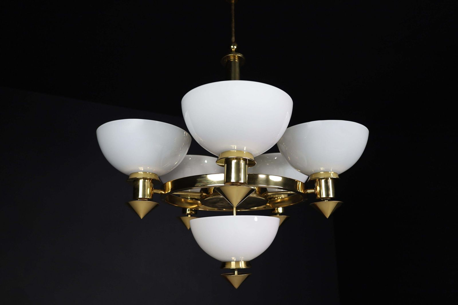 photo buy Sculptural Italian Chandelier In Brass & White Opaline Glass, 1970s 12 Available