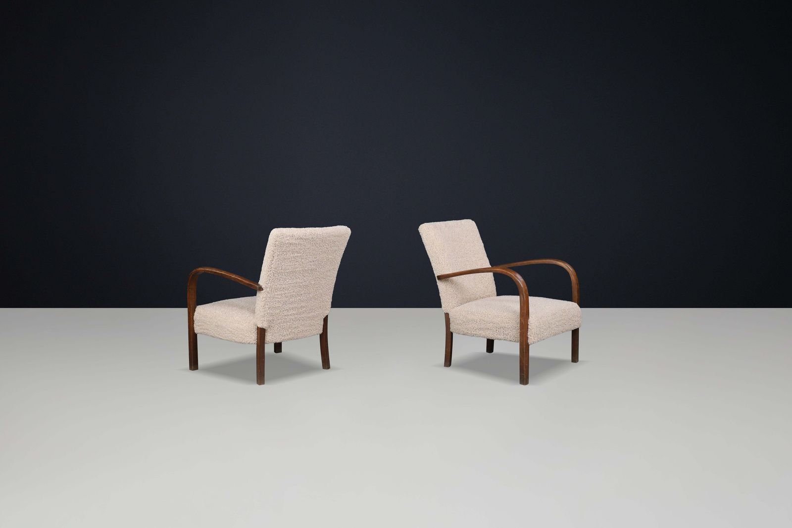 Pair Of Art Deco Armchairs In Walnut And Teddy Upholstery, Czech Republic, 1930s photo for sale