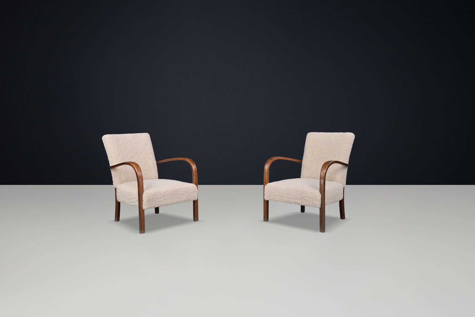 Pair Of Art Deco Armchairs In Walnut And Teddy Upholstery, Czech Republic, 1930s photo buy