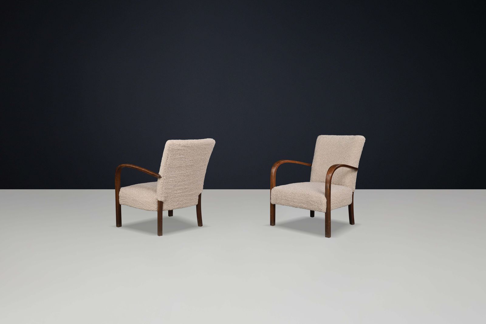 Pair Of Art Deco Armchairs In Walnut And Teddy Upholstery, Czech Republic, 1930s photo vintage