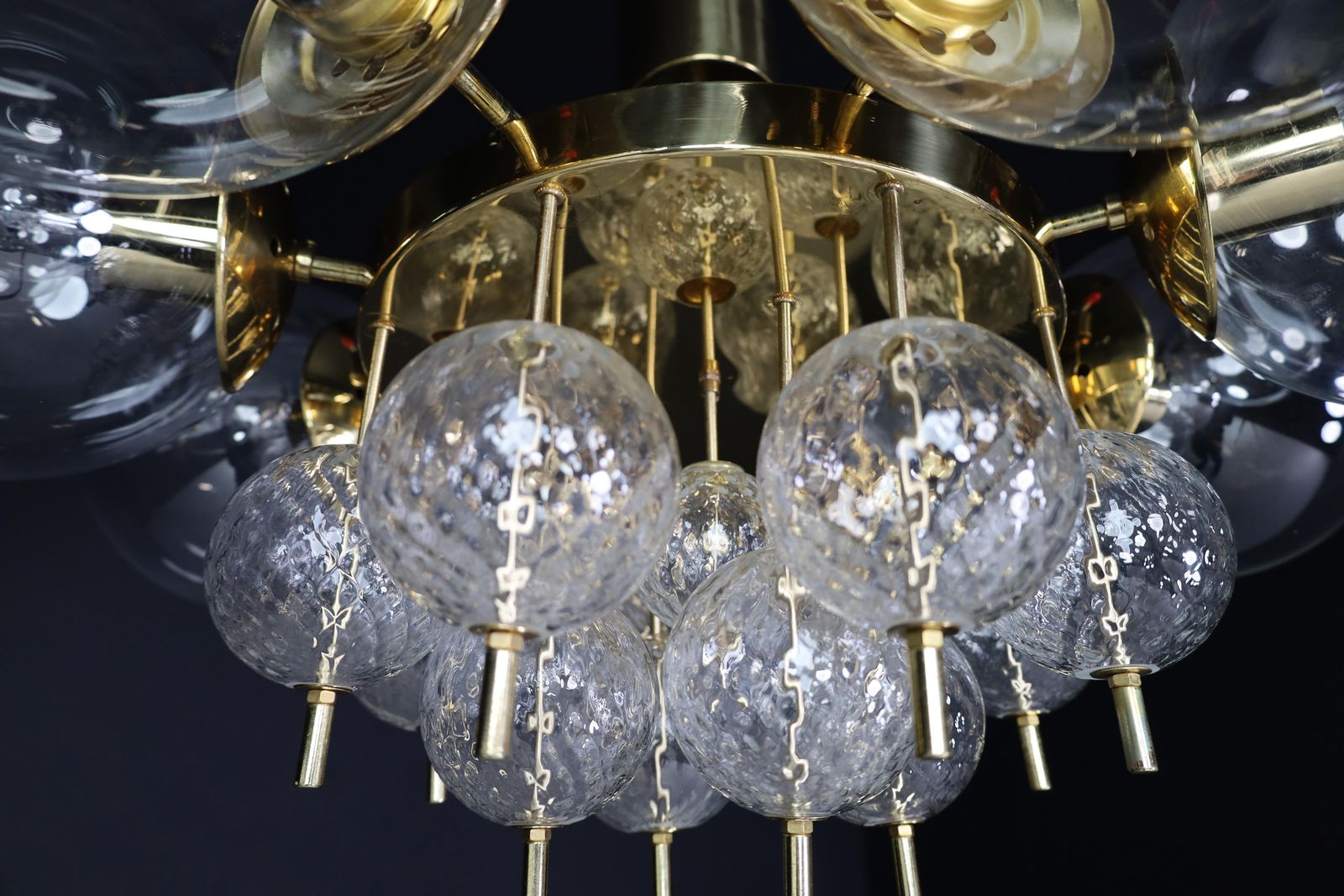 photo furniture Large Mid Century Preciosa Chandelier Brass And Glass Globes Czechia 1960s