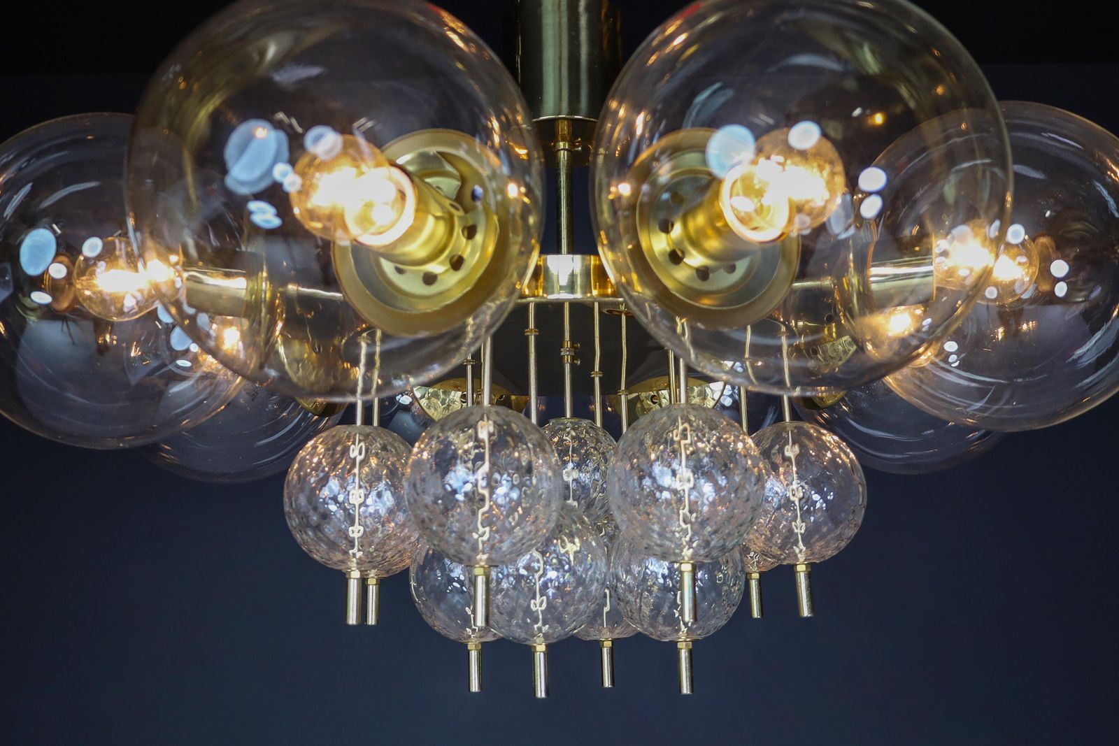 Lighting Large Mid Century Preciosa Chandelier Brass And Glass Globes Czechia 1960s photo