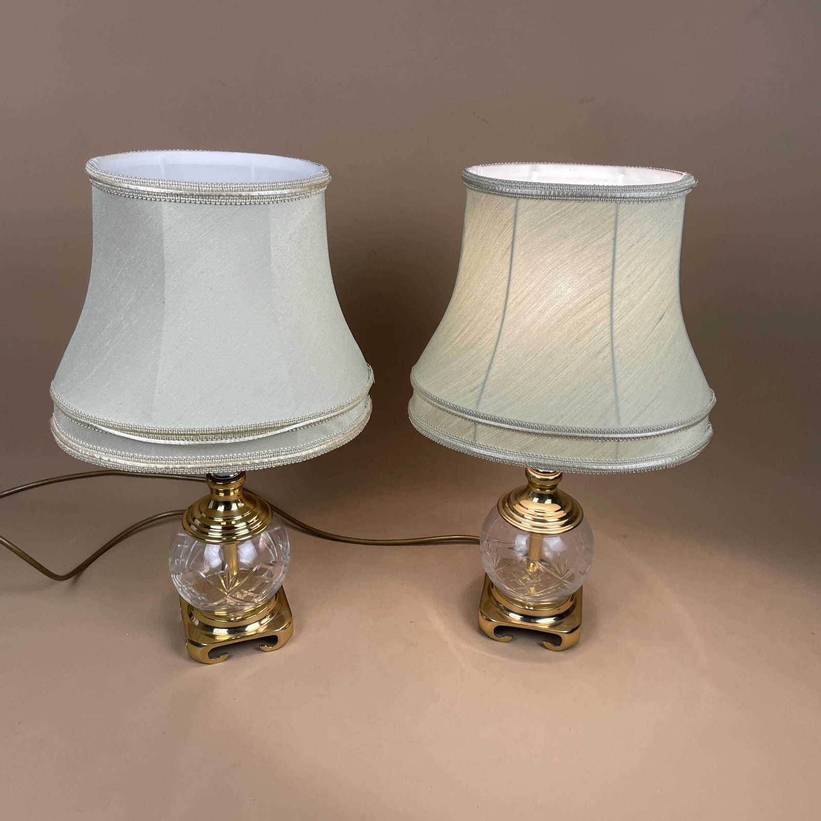 photo for sale Pair Of 2 Antique Clear Cut Glass Lamps Light Bedside Table Brass Metal Gold Art Deco Round Base Vintage Elegant  Lampshade Shade Green Lamp