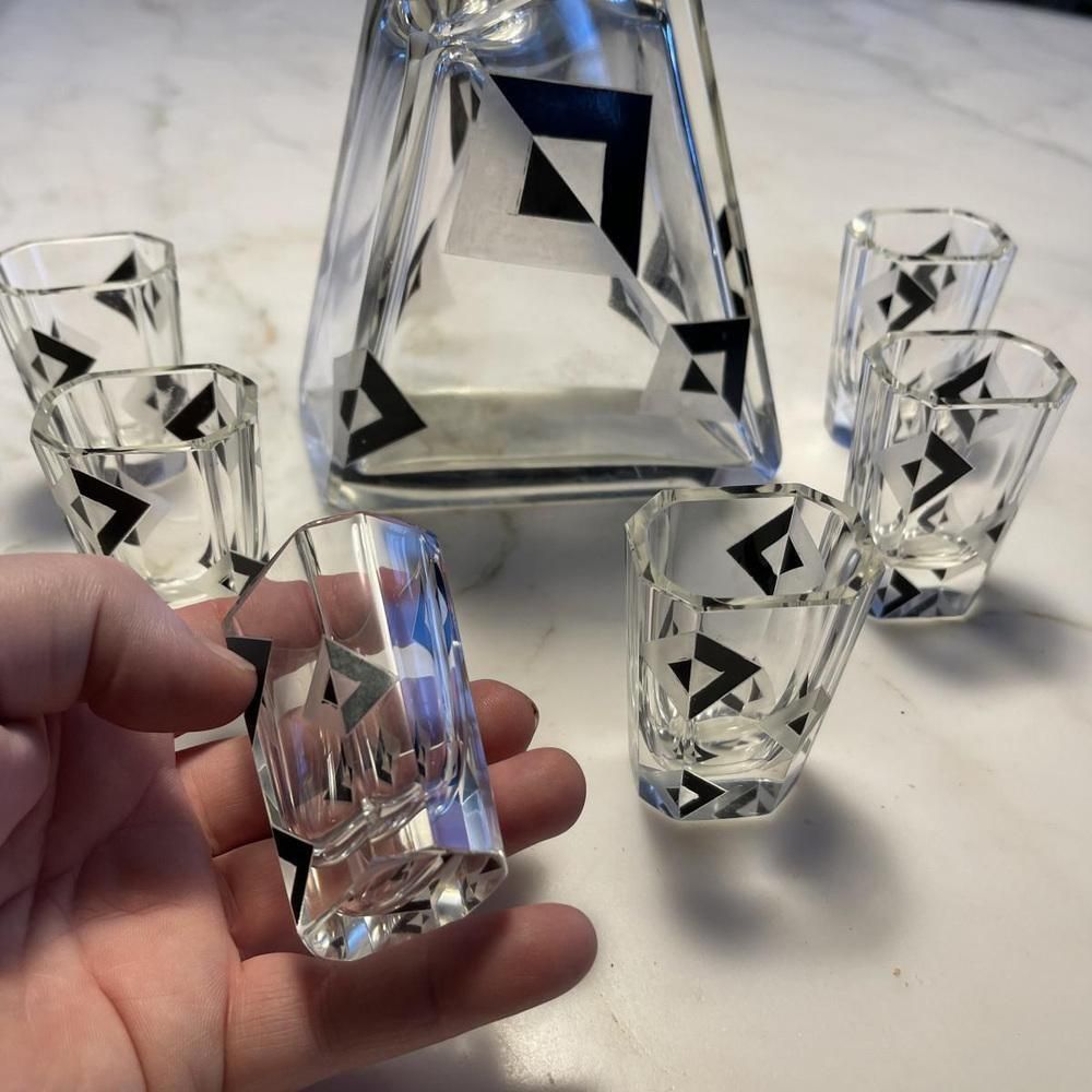 Art Deco Cubist Crystal Liqueur Service By Karl Palda, 1930s, Set Of 8 photo Home Decor