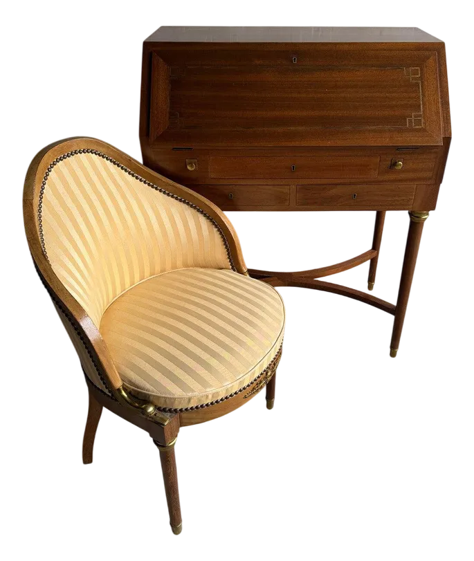 Antique Writing Desk With Chair, Set Of 2