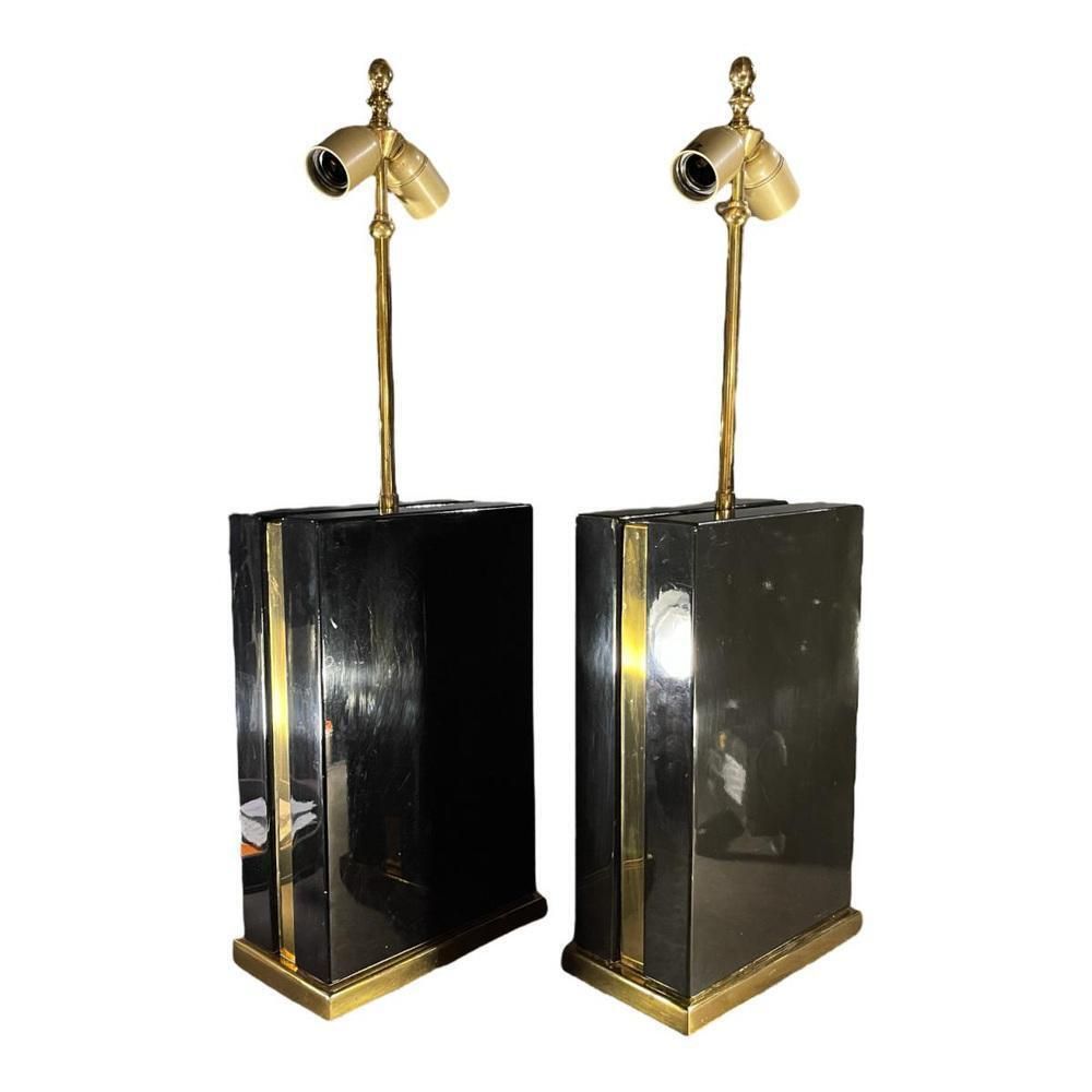 photo buy Hollywood Regency Lamps In Black Lacquer And Brass, 1970s, Set Of 2