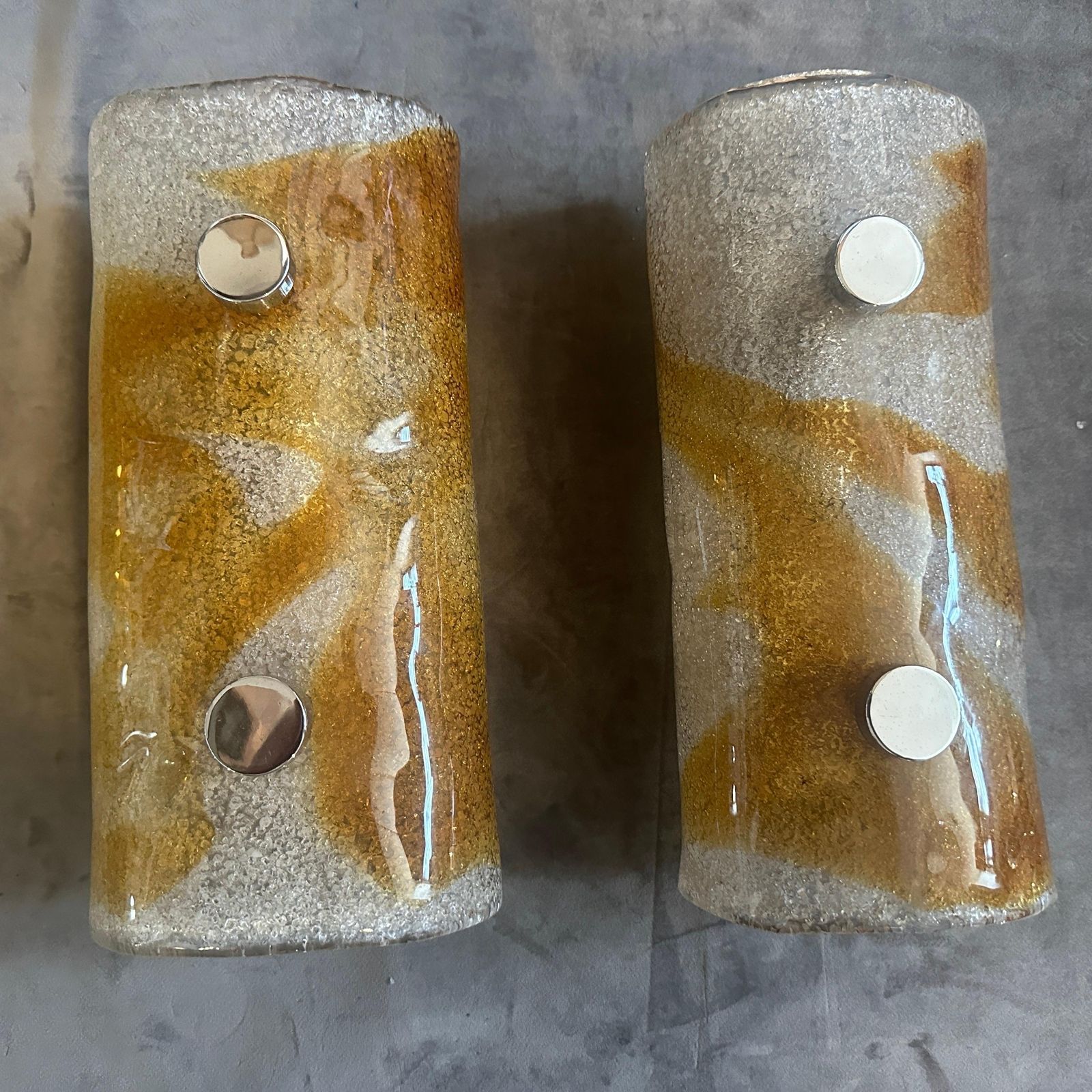 Two 1970s Space Age White And Brown Murano Glass And Steel Italian Wall Sconces photo 1465.0