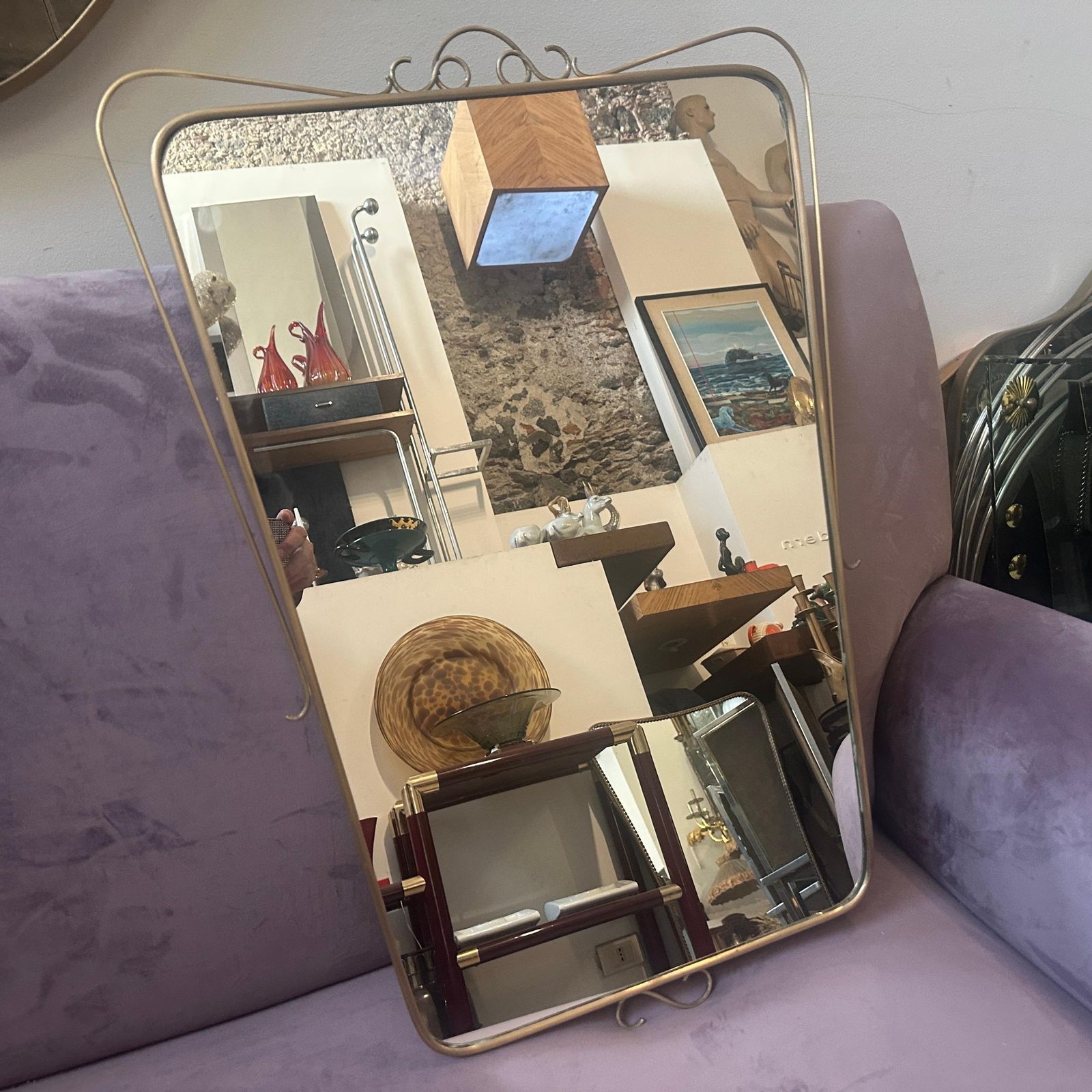 A 1950s Mid Century Modern Brass Italian Wall Mirror In The Manner Of Gio Ponti photo vintage