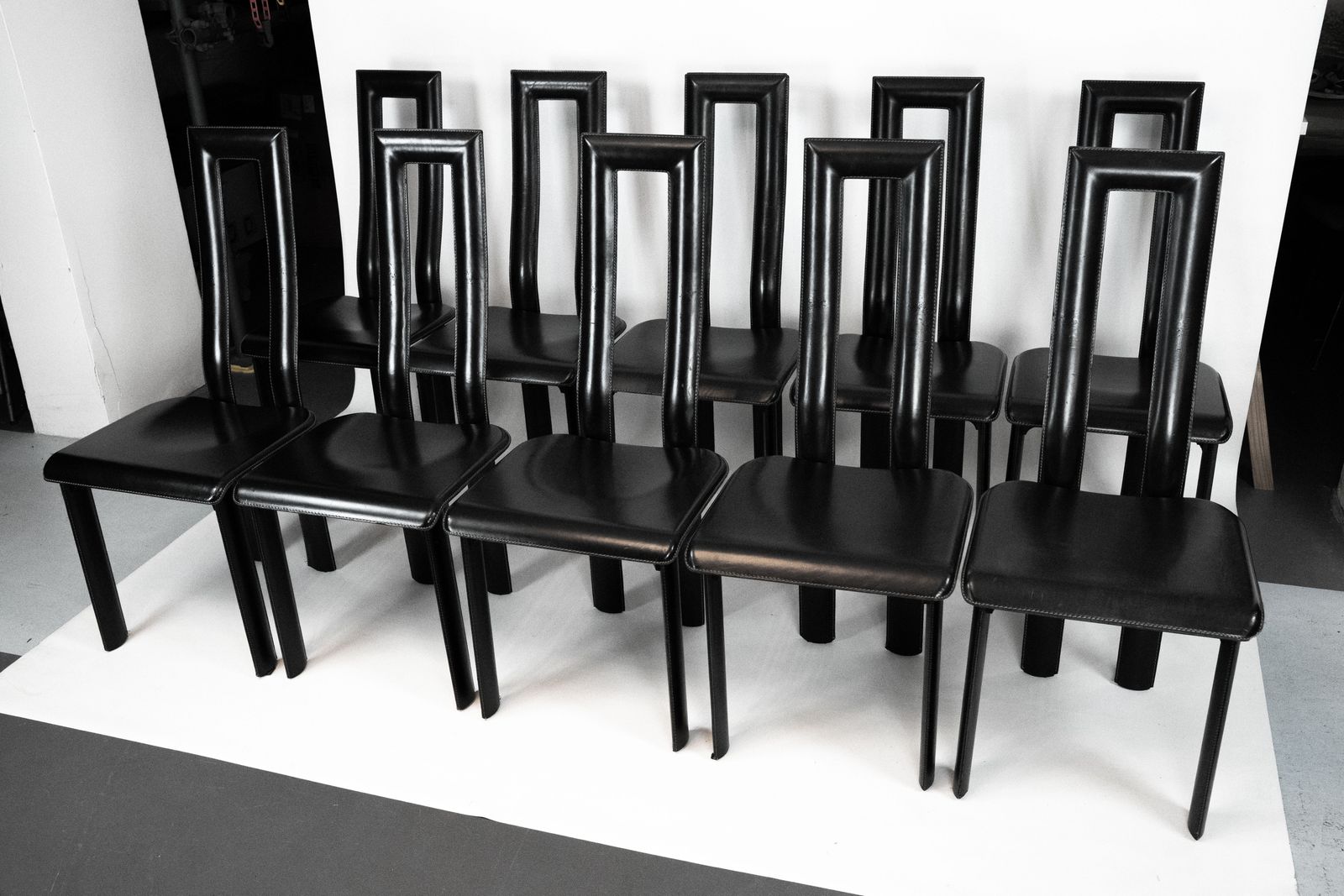 Postmodern Set Of Ten Leather Dining Chairs By Antonello Mosca For Ycami. Italy 1980s photo 4160.0