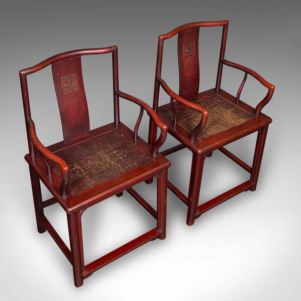 Pair Of Antique Side Chairs, Oriental, Lacquered, Elbow Seats, Cane, Victorian photo vinterior