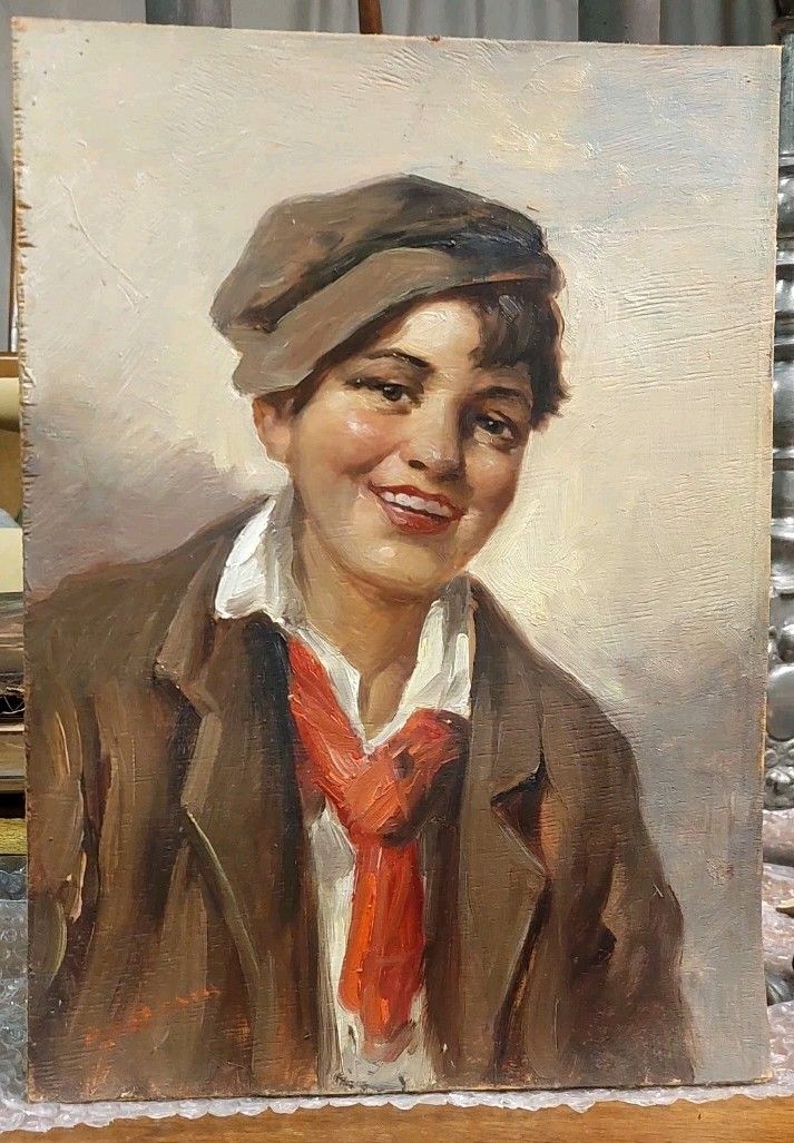 Oil Painting On Wood Portrait Scugnizzo Athos Renzo Brioschi (1910 2000)