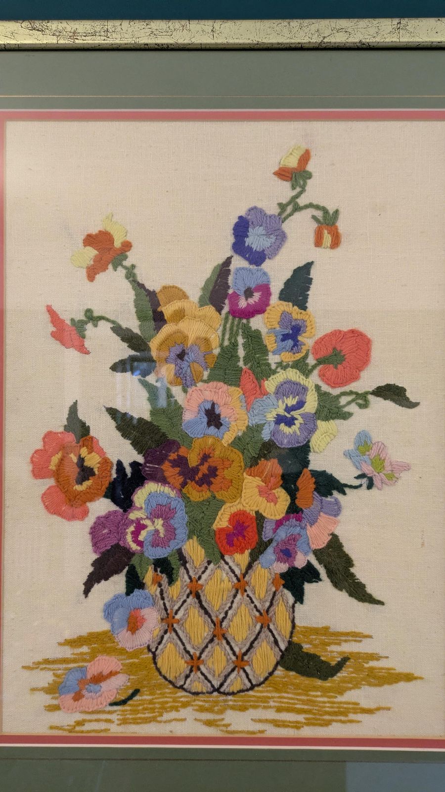 Vintage Needlepoint Flower Bouquet – Framed Embroidery Art (1985) photo furniture