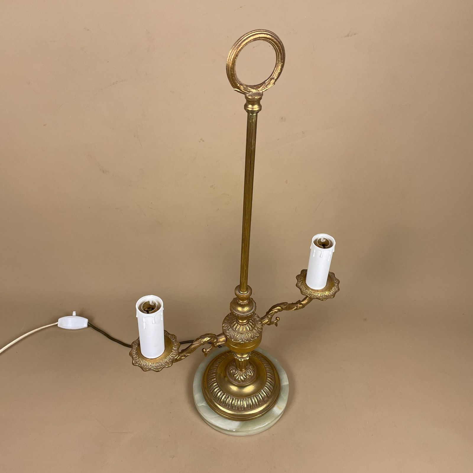 photo for sale Antique Vintage Marble Stone Lamp Green Light Table Bedside Desk Lamp Natural Patterns Ornate Round Base Onyx Brass Metal Gold 2 Arms