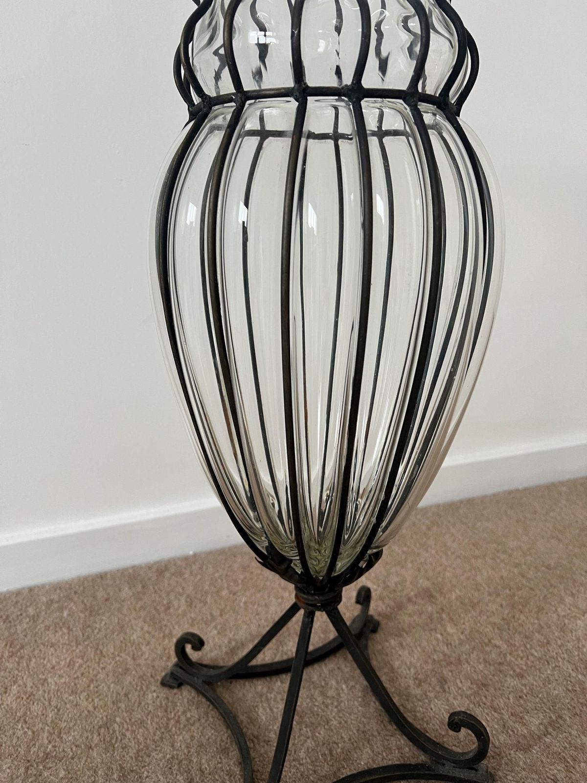 Art Deco Caged Glass Floor Vase, Wrought Iron Stand, C1930 photo Home Decor