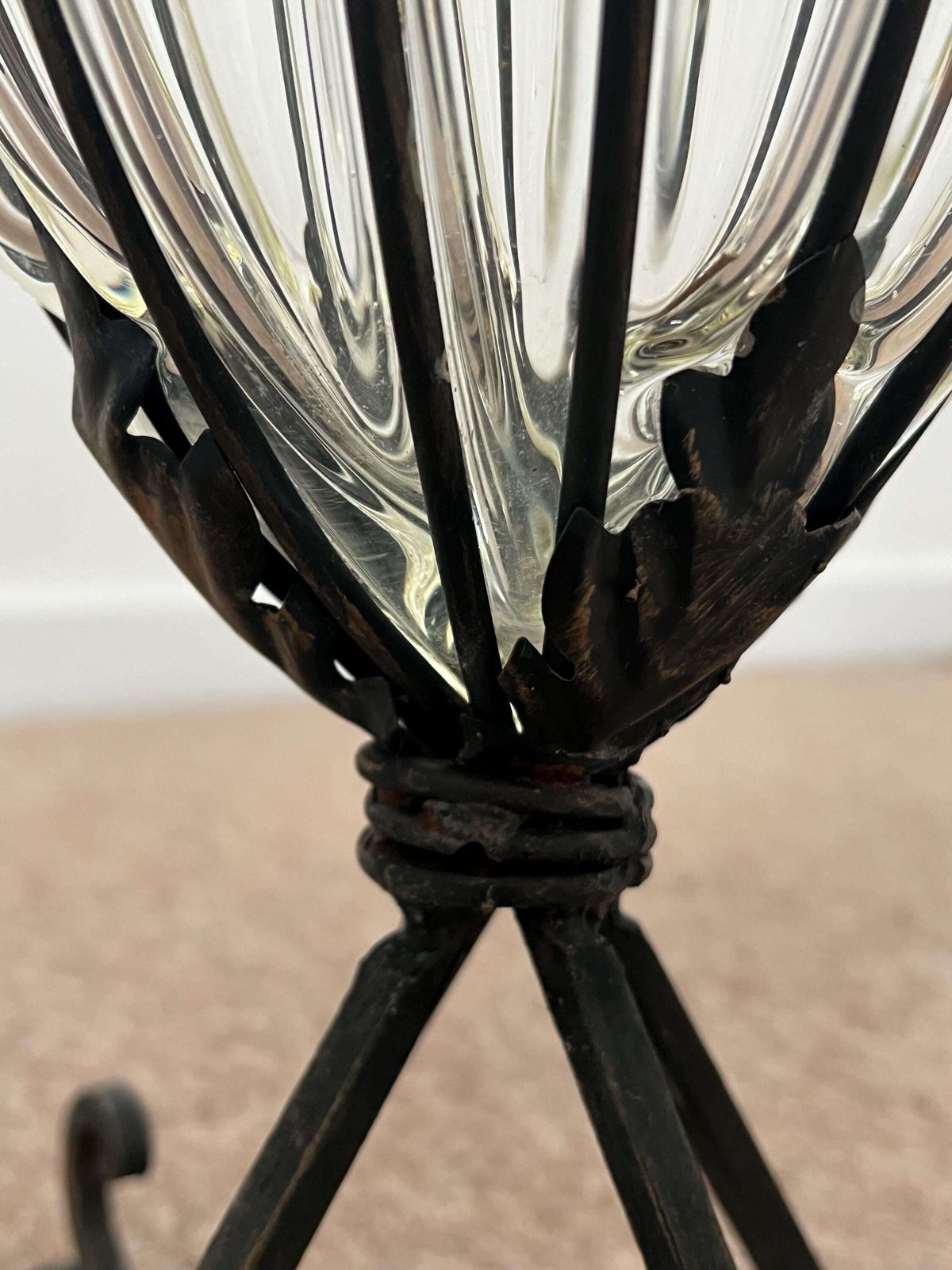 photo furniture Art Deco Caged Glass Floor Vase, Wrought Iron Stand, C1930