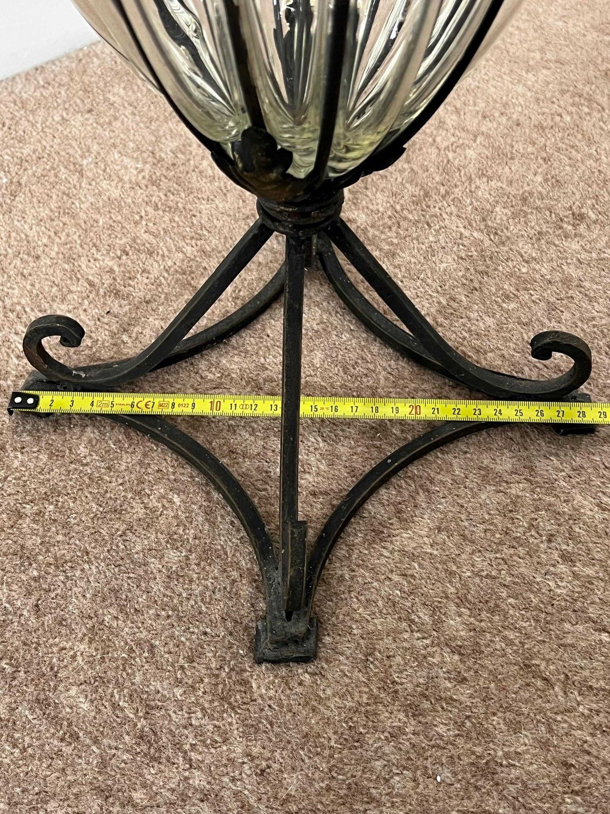 photo vintage Art Deco Caged Glass Floor Vase, Wrought Iron Stand, C1930