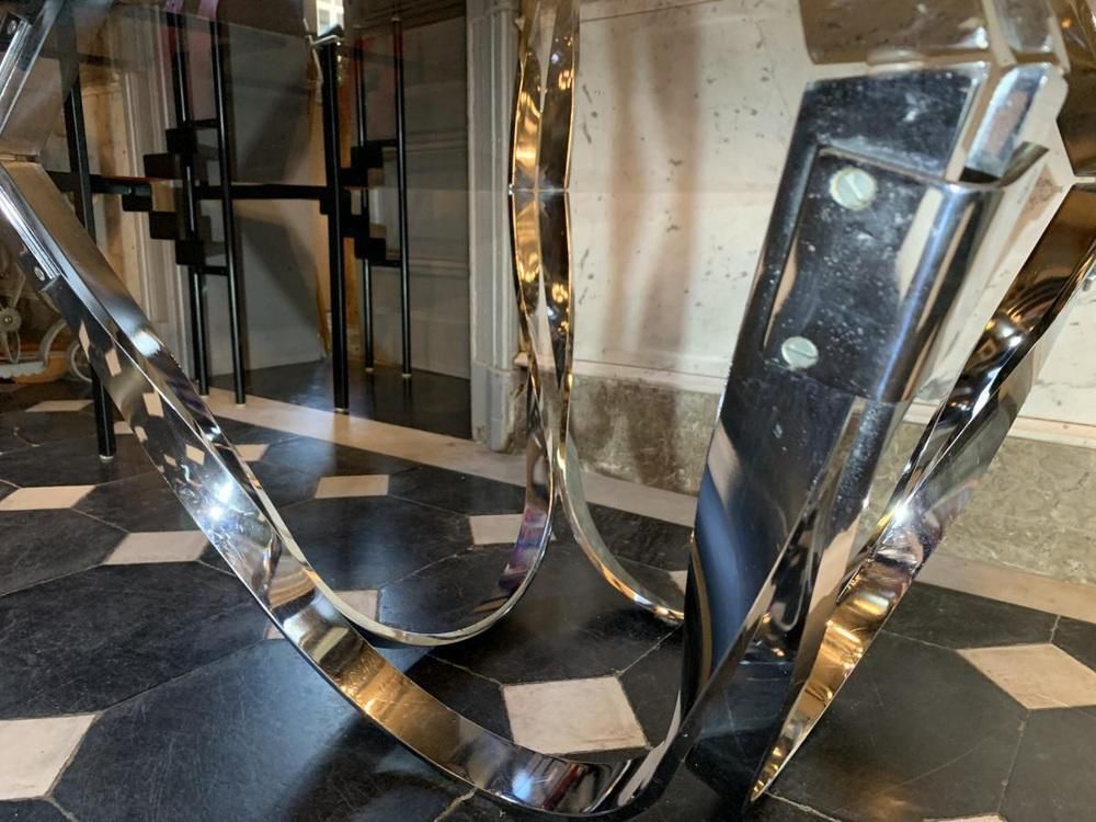 Coffee / Lounge Table In Twisted Chromed Steel By Roger Sprunger For Dunbar, 1970s photo Furniture
