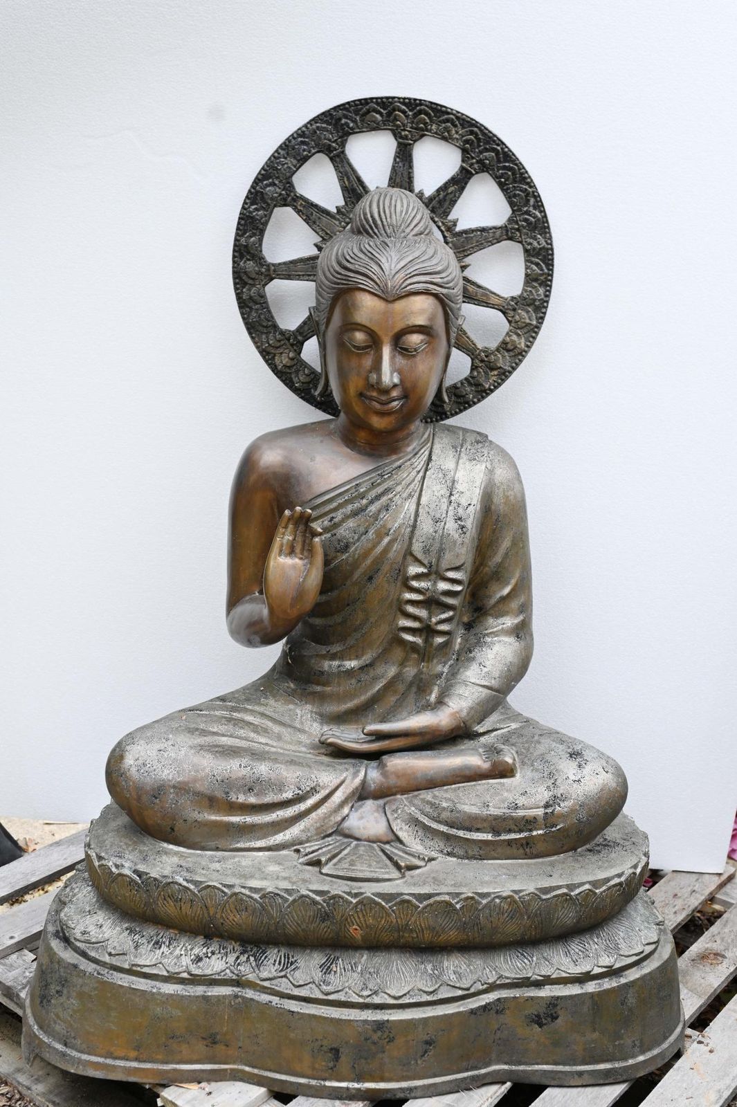 Vintage Big Nepalese Buddha Statue Meditation Pose Garden Casting Mandorla photo furniture