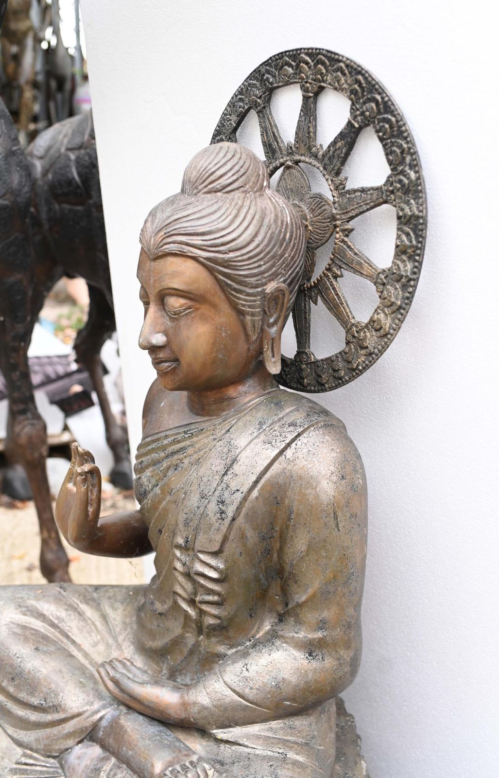 Vintage Big Nepalese Buddha Statue Meditation Pose Garden Casting Mandorla photo for sale