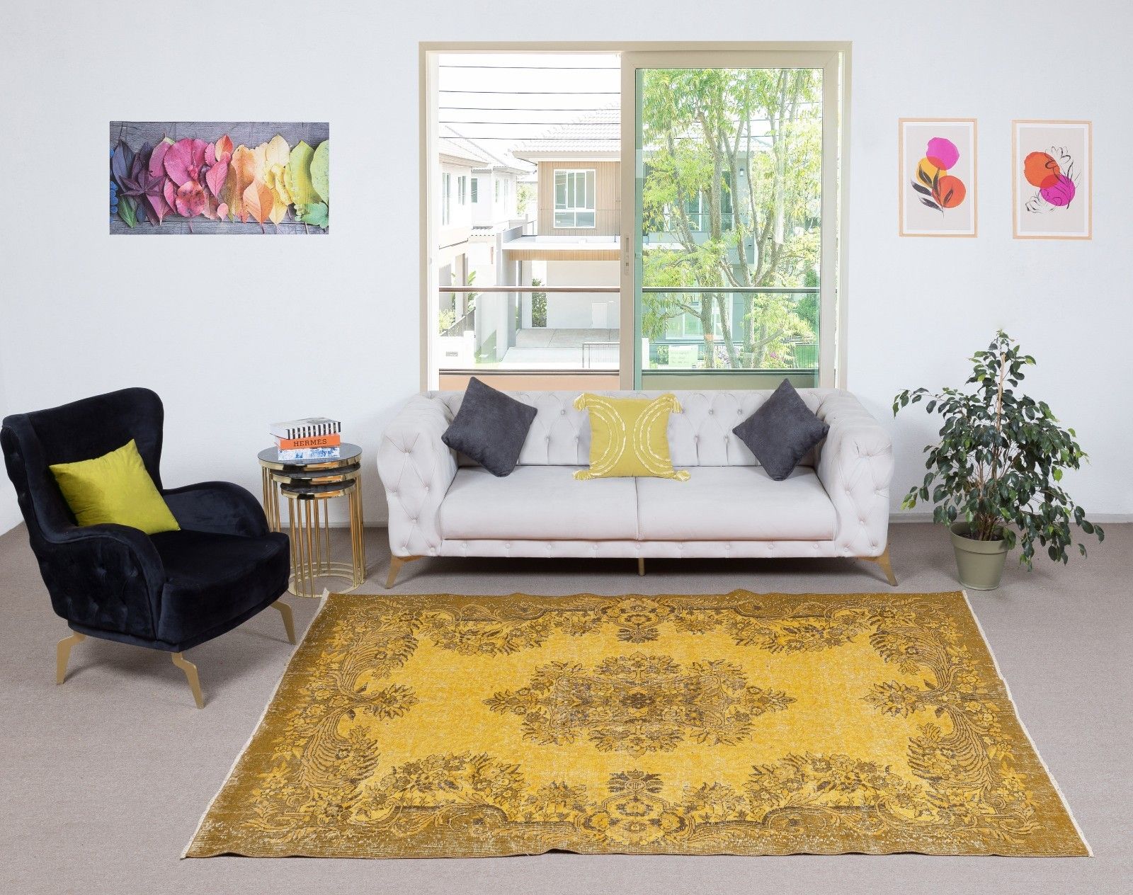5.8x9.5 Ft Vintage Handmade Turkish Rug Overdyed In Yellow For Modern Interiors photo furniture