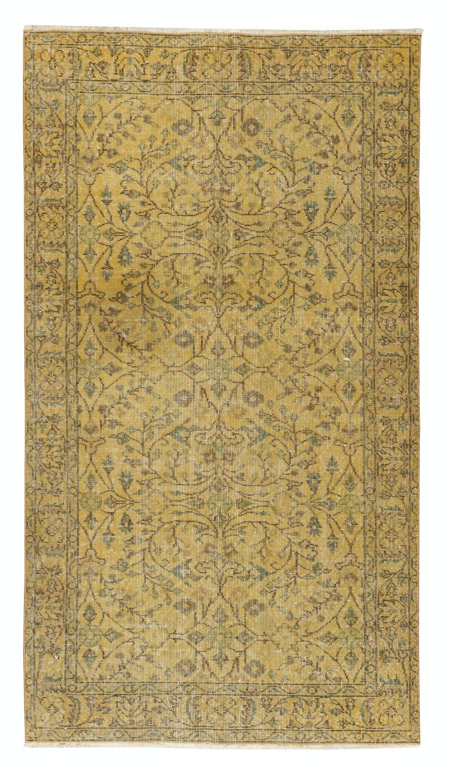 3.8x6.8 Ft Vintage Handmade Turkish Rug Redyed In Yellow For Modern Interiors