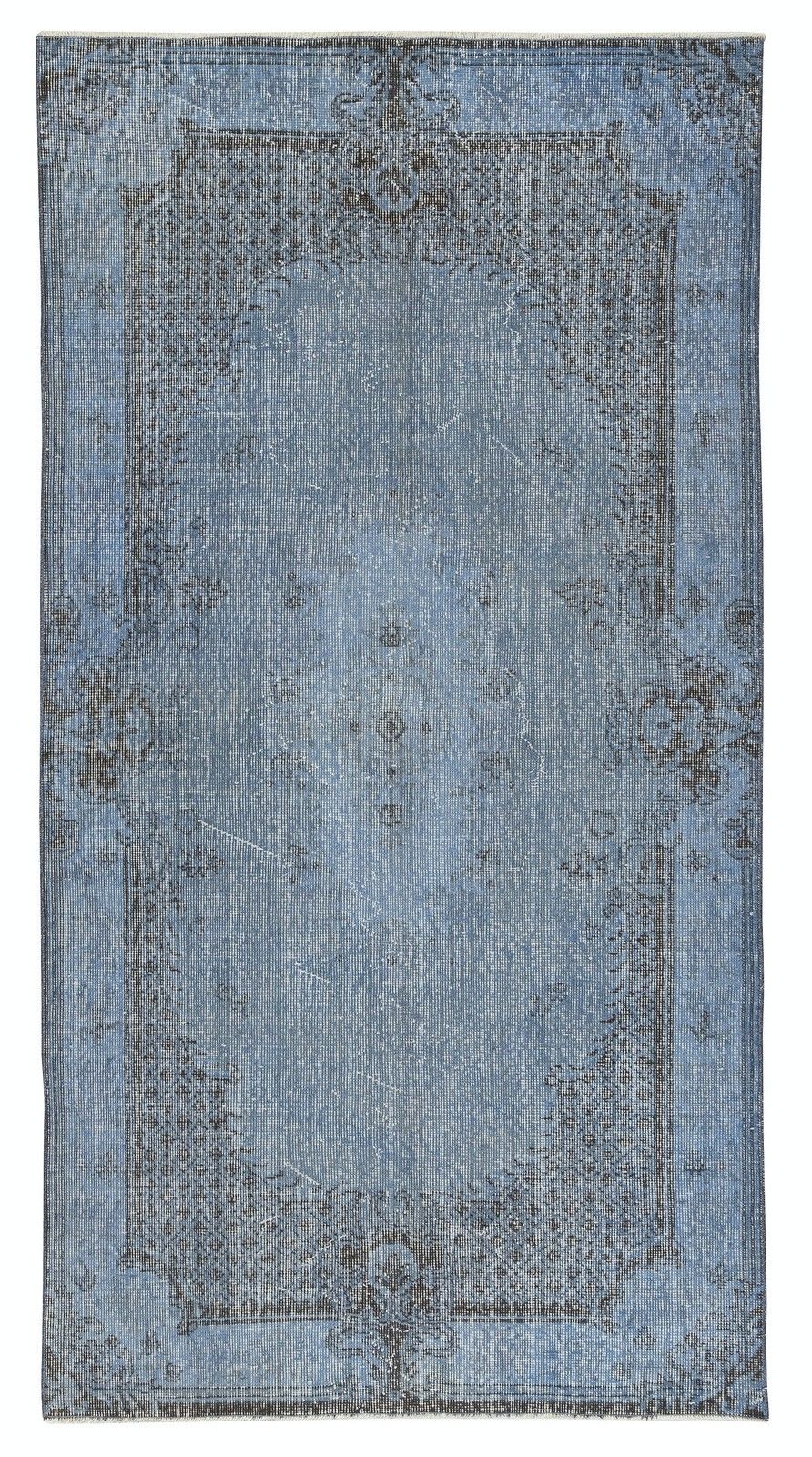 3.8x7.3 Ft Vintage Handmade Turkish Area Rug Redyed In Blue For Modern Interiors