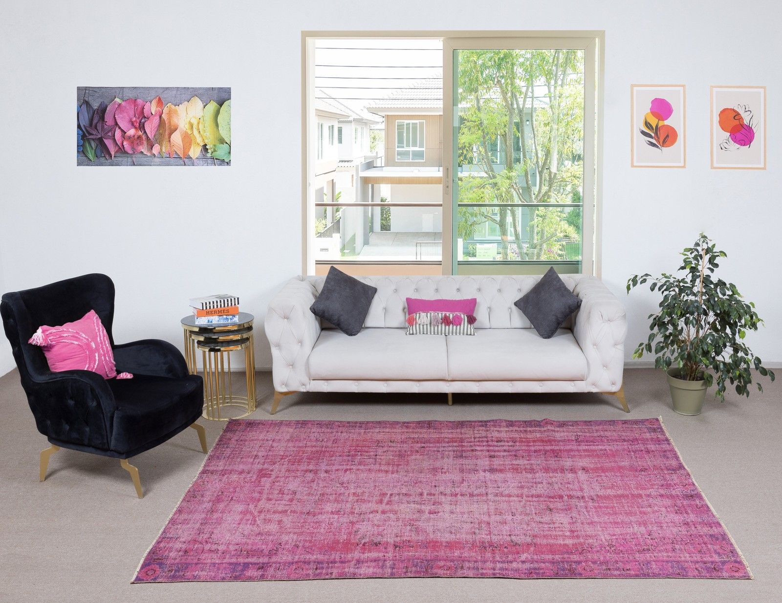 5.7x9.2 Ft Pink Overdyed Handmade Rug. Vintage Turkish Area Rug For Living Room photo furniture