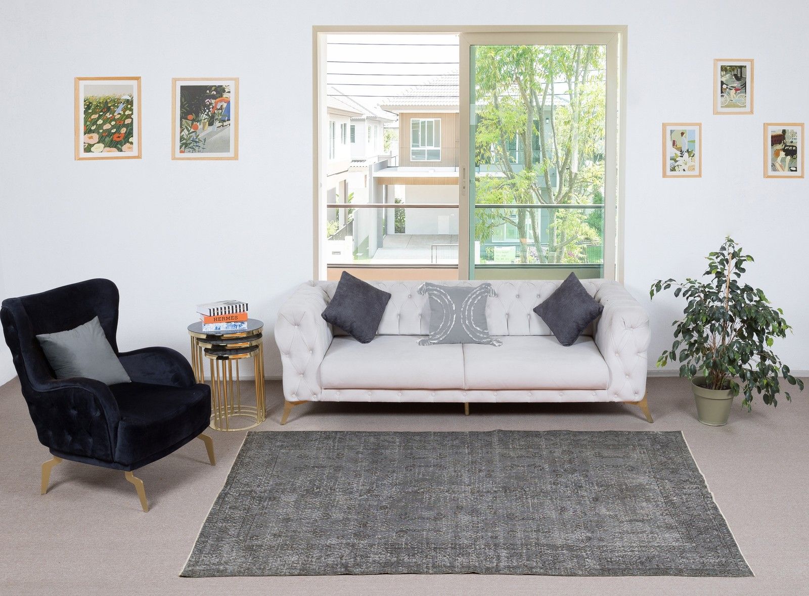 5.3x8.6 Ft Vintage Handmade Area Rug Redyed In Gray For Contemporary Interiors photo furniture