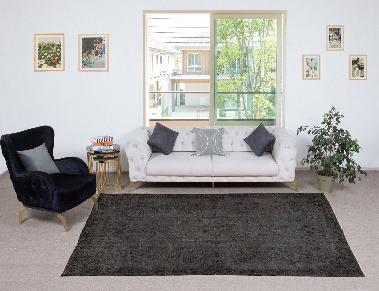 5.6x10.4 Ft Gray Overdyed Vintage Rug For Modern Interior. Handknotted In Turkey photo furniture