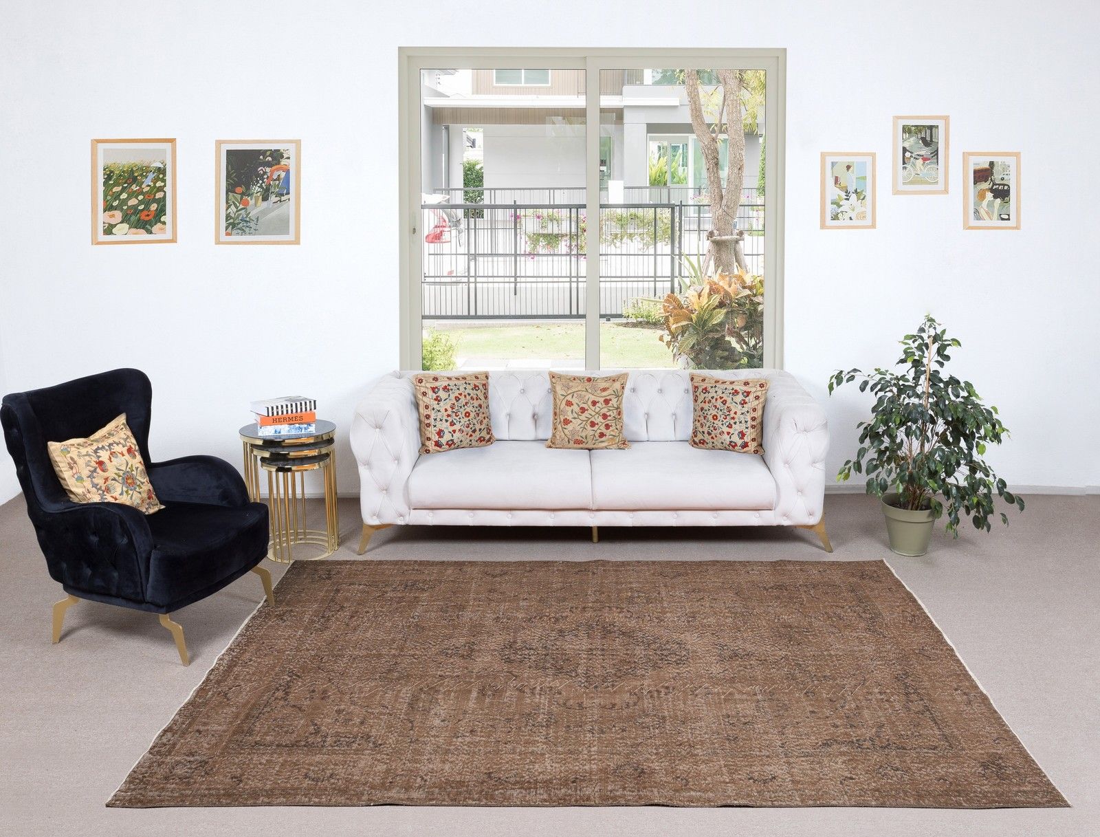 6.6x9.7 Ft Vintage Rug Overdyed In Brown For Modern Interior. Handmade In Turkey photo furniture