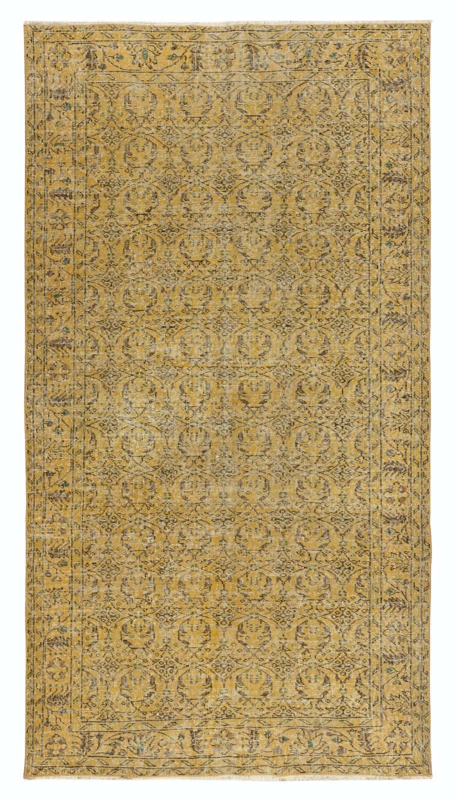 5x9.6 Ft Modern Yellow Turkish Rug. Vintage Handmade Wool Area Rug