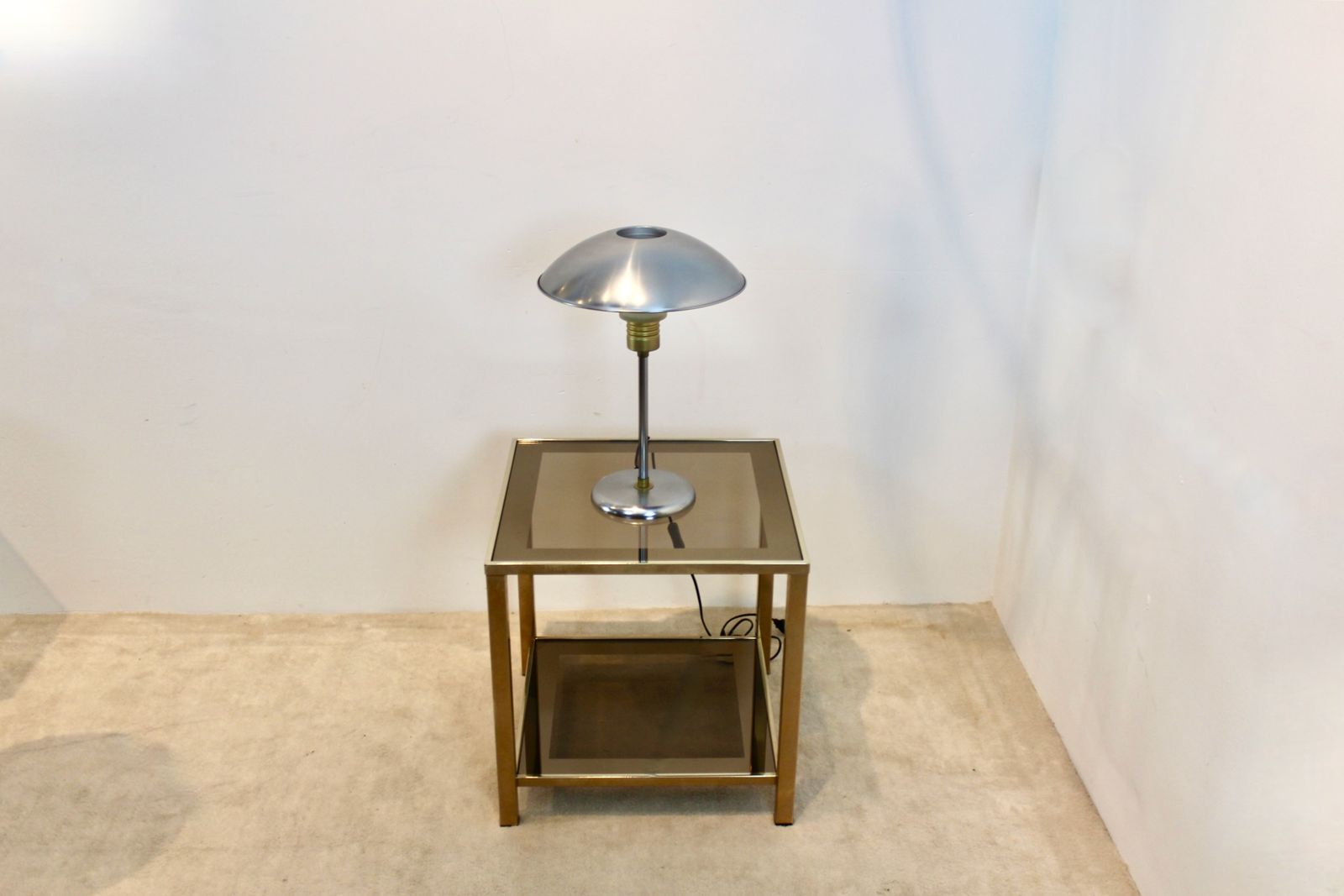 Elegant 1950s French Modernist Desk Lamp In Brushed Steel And Brass Accents photo Lighting