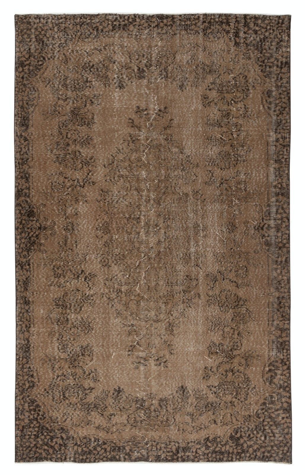5.6x9 Ft Vintage Handmade Turkish Area Rug Overdyed In Brown For Modern Interior