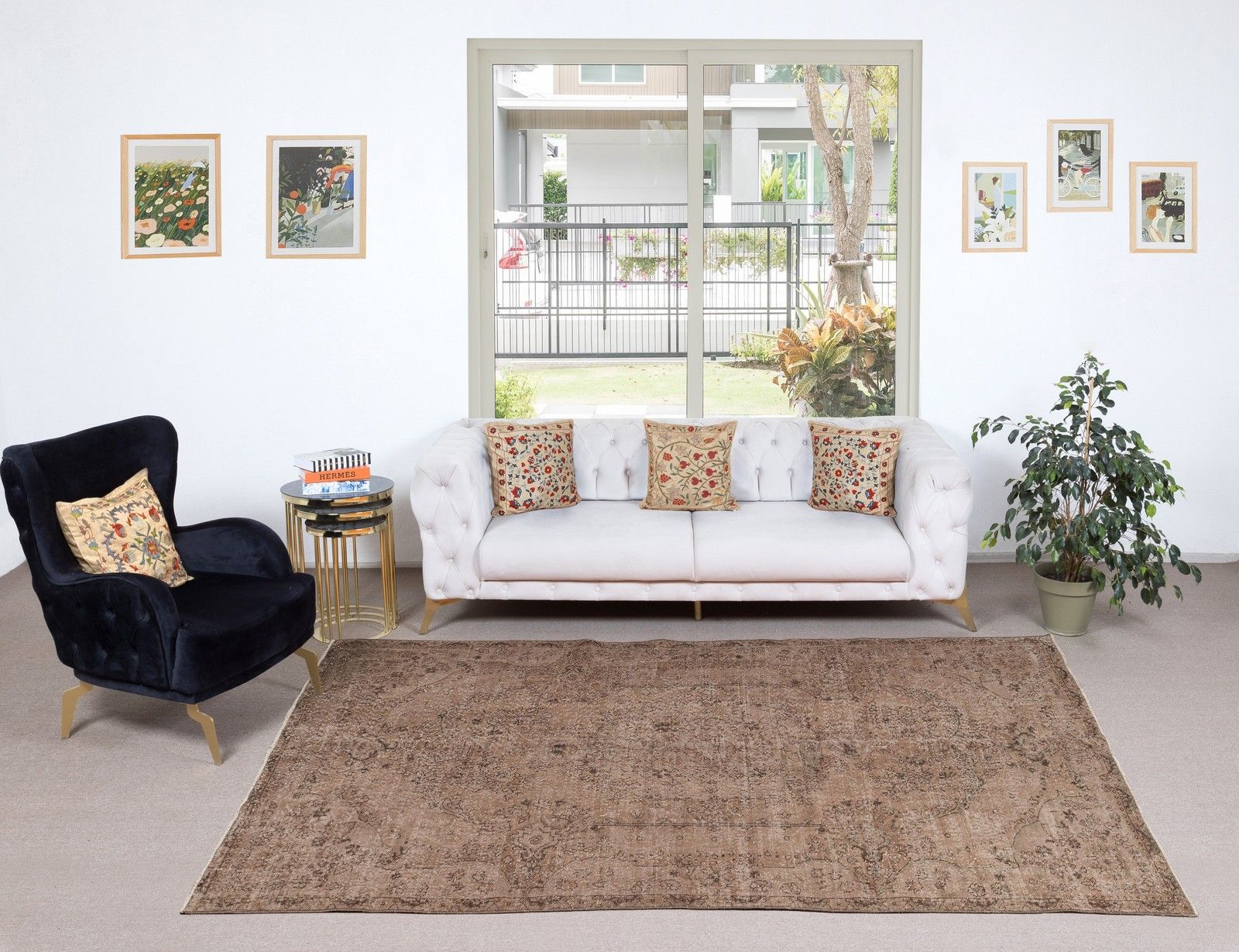 6x9.8 Ft Vintage Rug Overdyed In Brown For Modern Interiors. Handmade In Turkey photo furniture