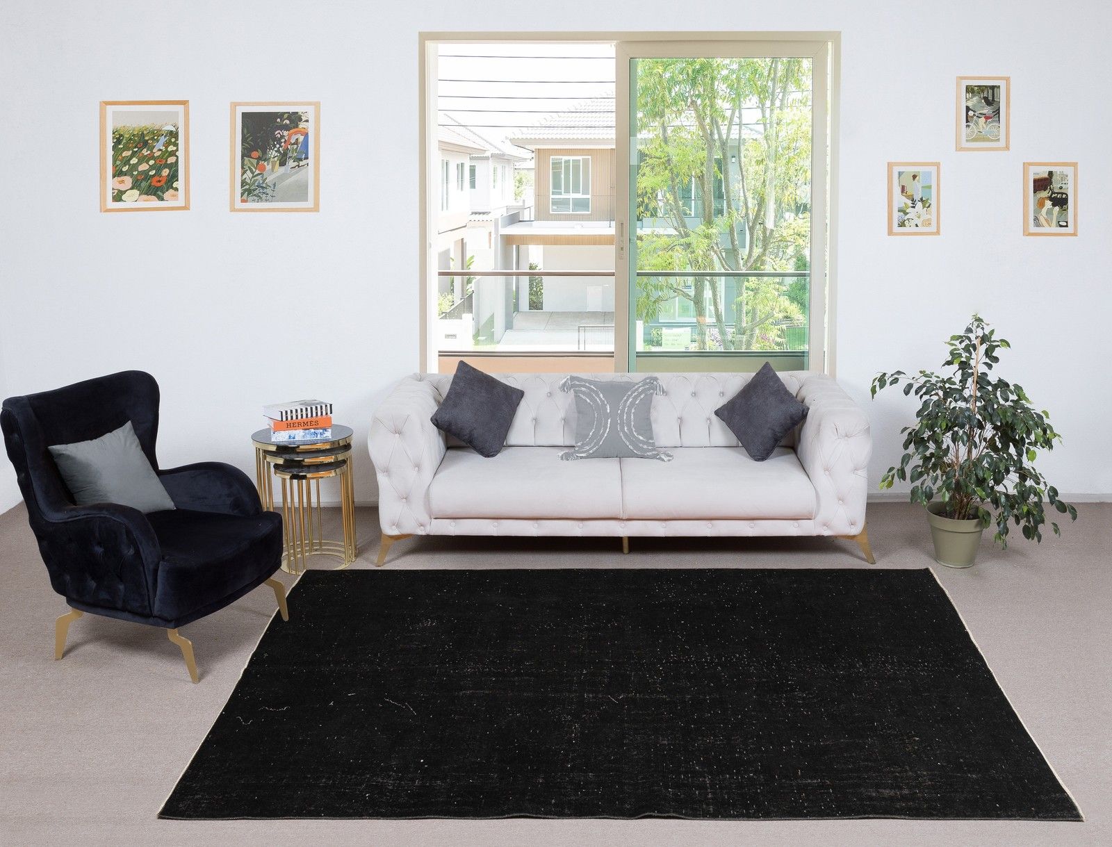 6x9.5 Ft Plain Black Overdyed Area Rug, Handknotted And Handwoven In Turkey photo furniture