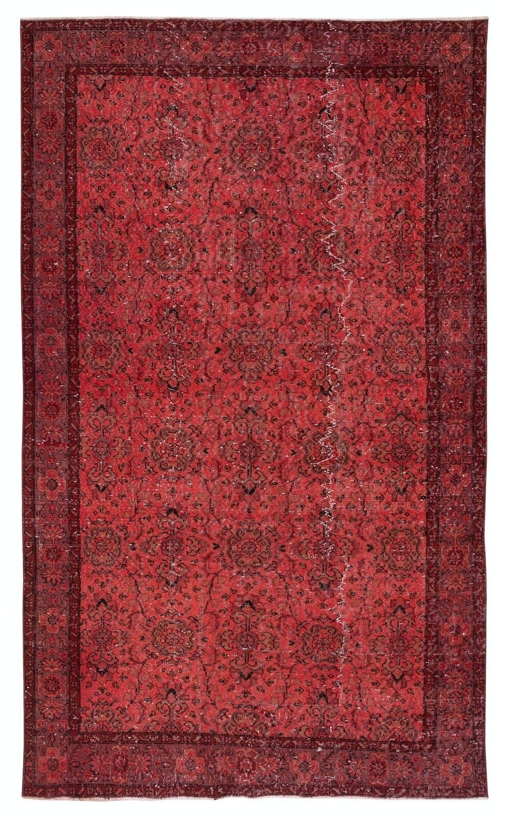 5.6x9.5 Ft Red Overdyed Wool Rug. Vintage Turkish Handmade Area Rug For Bedroom