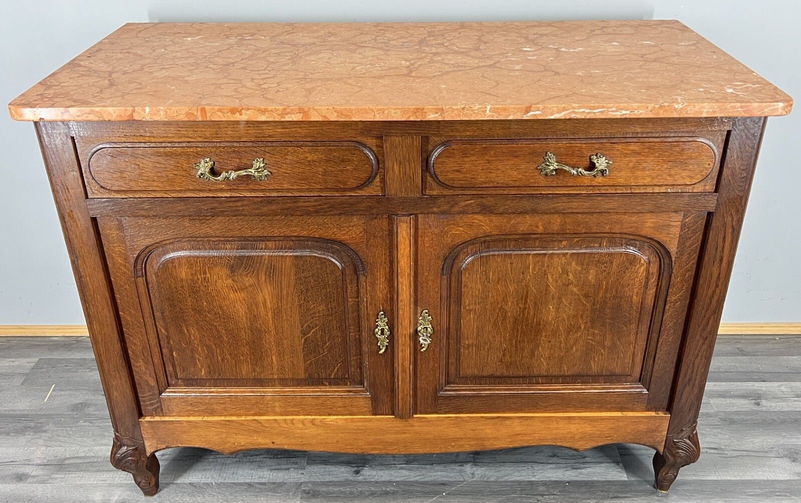 Cabinet Antique French Marble Top Oak Carved With Drawers Sideboard Lot 4489