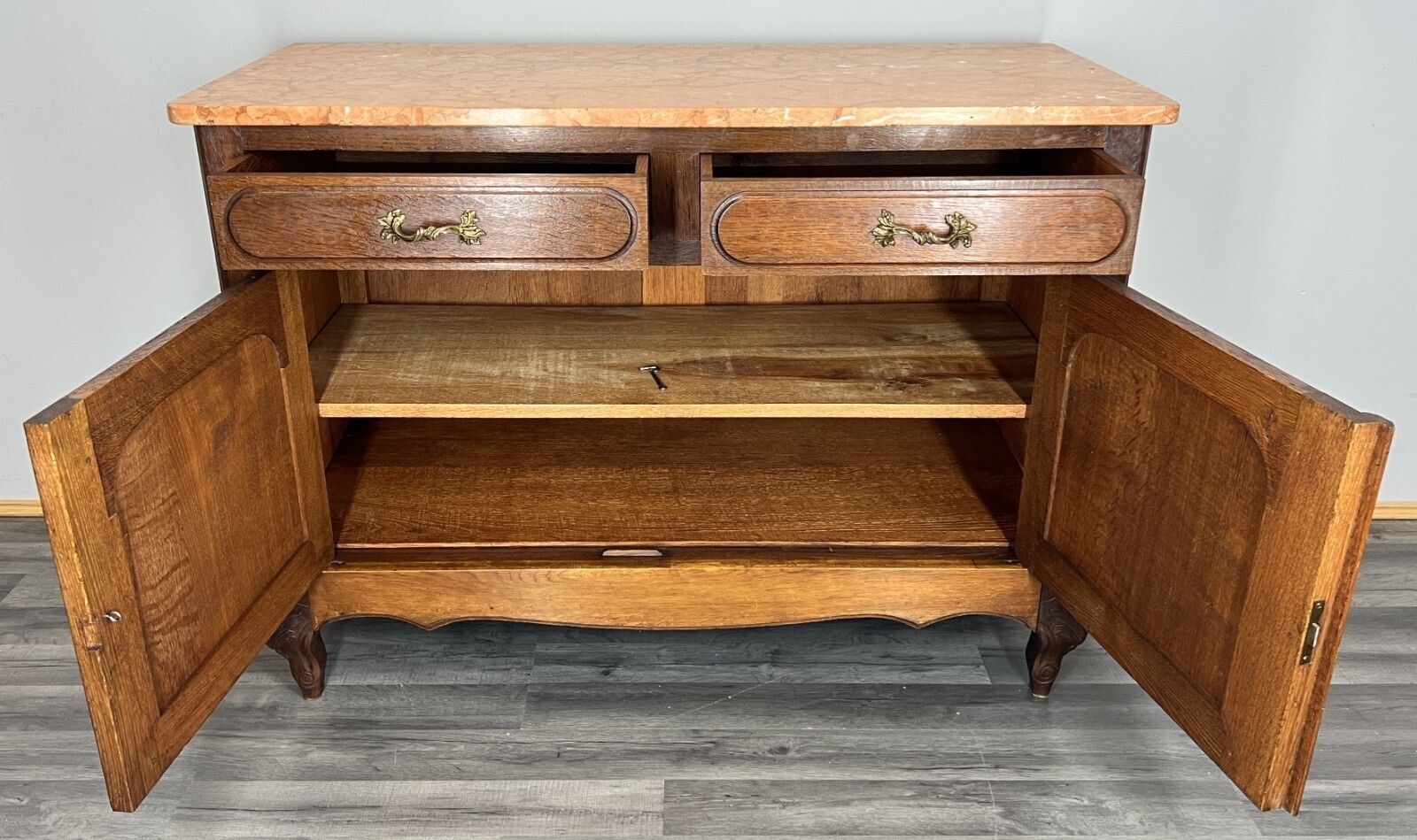 599.0 Cabinet Antique French Marble Top Oak Carved With Drawers Sideboard Lot 4489 photo