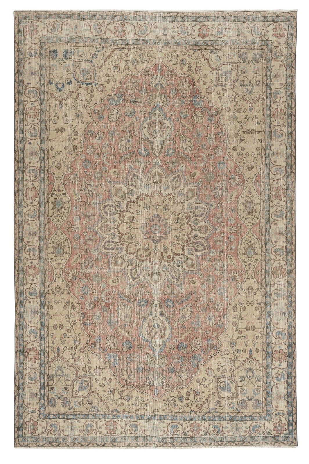 6.8x10.4 Ft Vintage Turkish Area Rug. Hand Knotted Carpet With Medallion Design