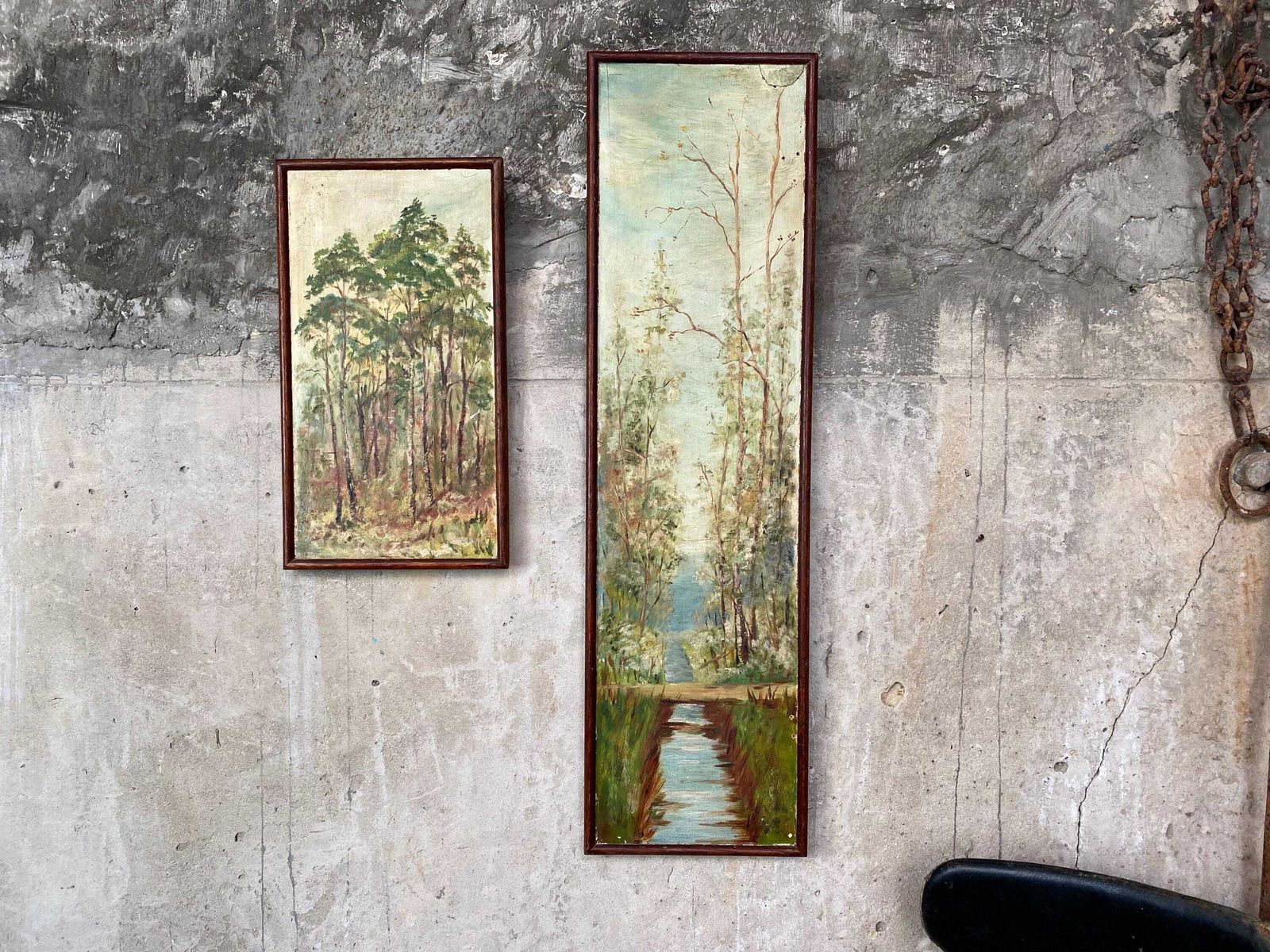 Pair Antique Woodland Forest Tree Oil Paintings On Board photo furniture
