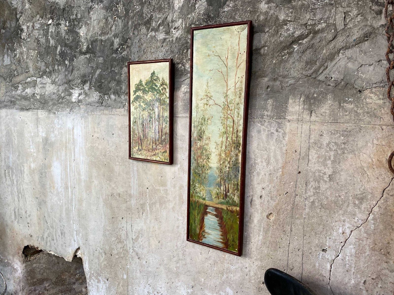 Pair Antique Woodland Forest Tree Oil Paintings On Board photo Art