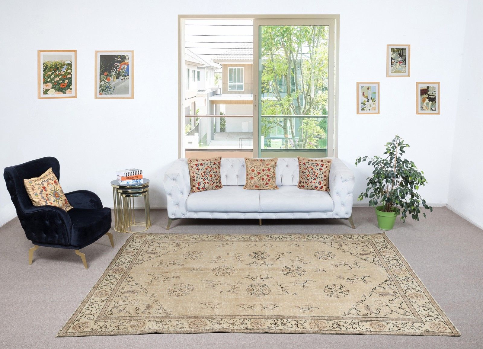 6.6x10 Ft Vintage Turkish Beige Rug. Hand Knotted Carpet With Chinese Art Deco photo furniture